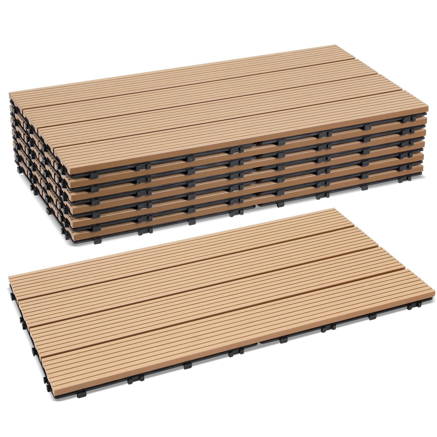 Dalles WPC, 30x60cm Dalles de terrasse clipsables, dalles de balcon en aspect bois, plaques résistantes aux intempéries avec fonction de drainage, pour terrasse, balcon, jardin, en teck (12