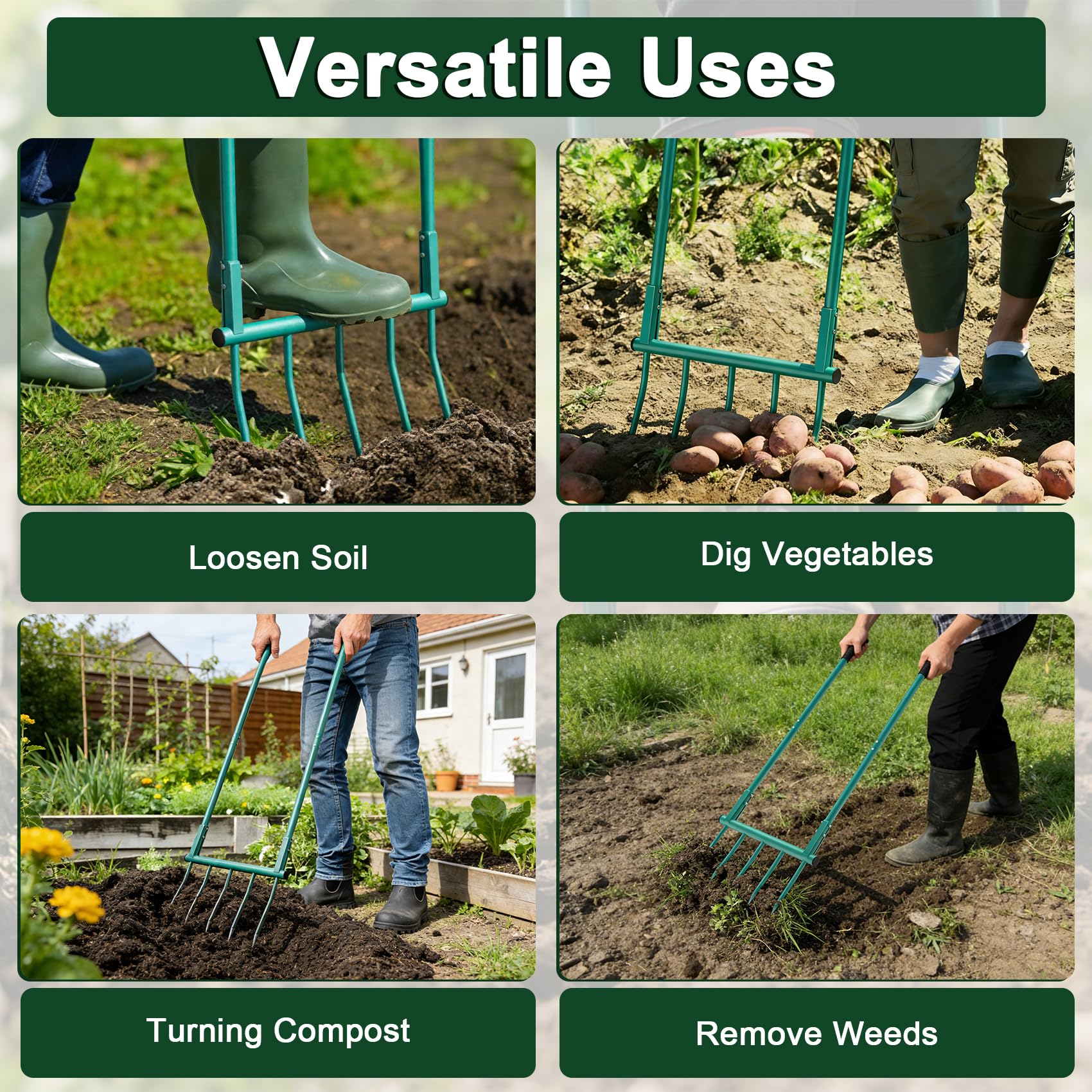 Utensile da giardino a forcella larga, 5 denti, resistente, a forma di U | Forcone ergonomico staccabile da 140 cm per scavare, coltivare e allentare il terreno, giardinaggio e agricoltura