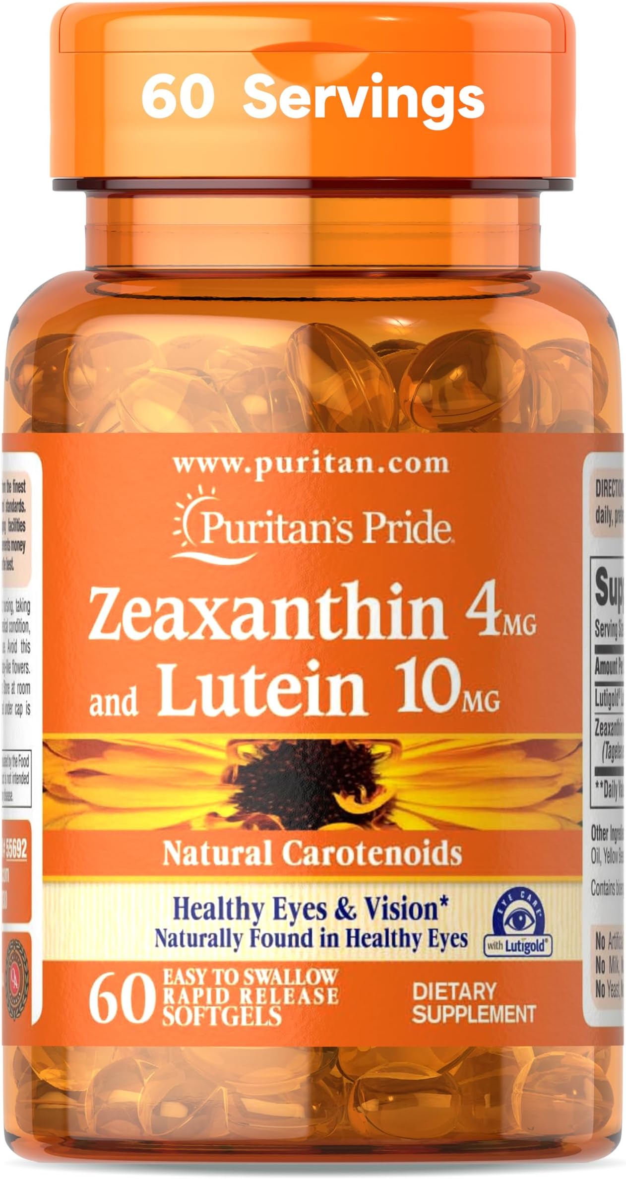 Zeaxanthin 4mg with Lutigold™ Lutein 10mg Carotenoids, Dietary Supplement for Healthy Eyes and Vision, 60 Easy-to-Swallow Rapid Release Softgels