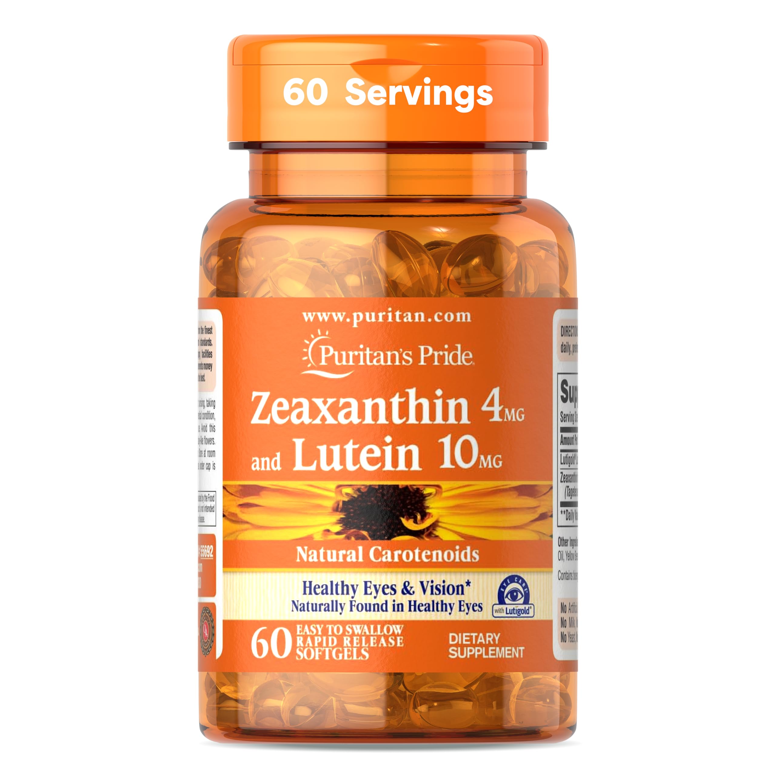 Puritan's PrideZeaxanthin 4mg with Lutigold™ Lutein 10mg Carotenoids, Dietary Supplement for Healthy Eyes and Vision, 60 Easy-to-Swallow Rapid Release Softgels