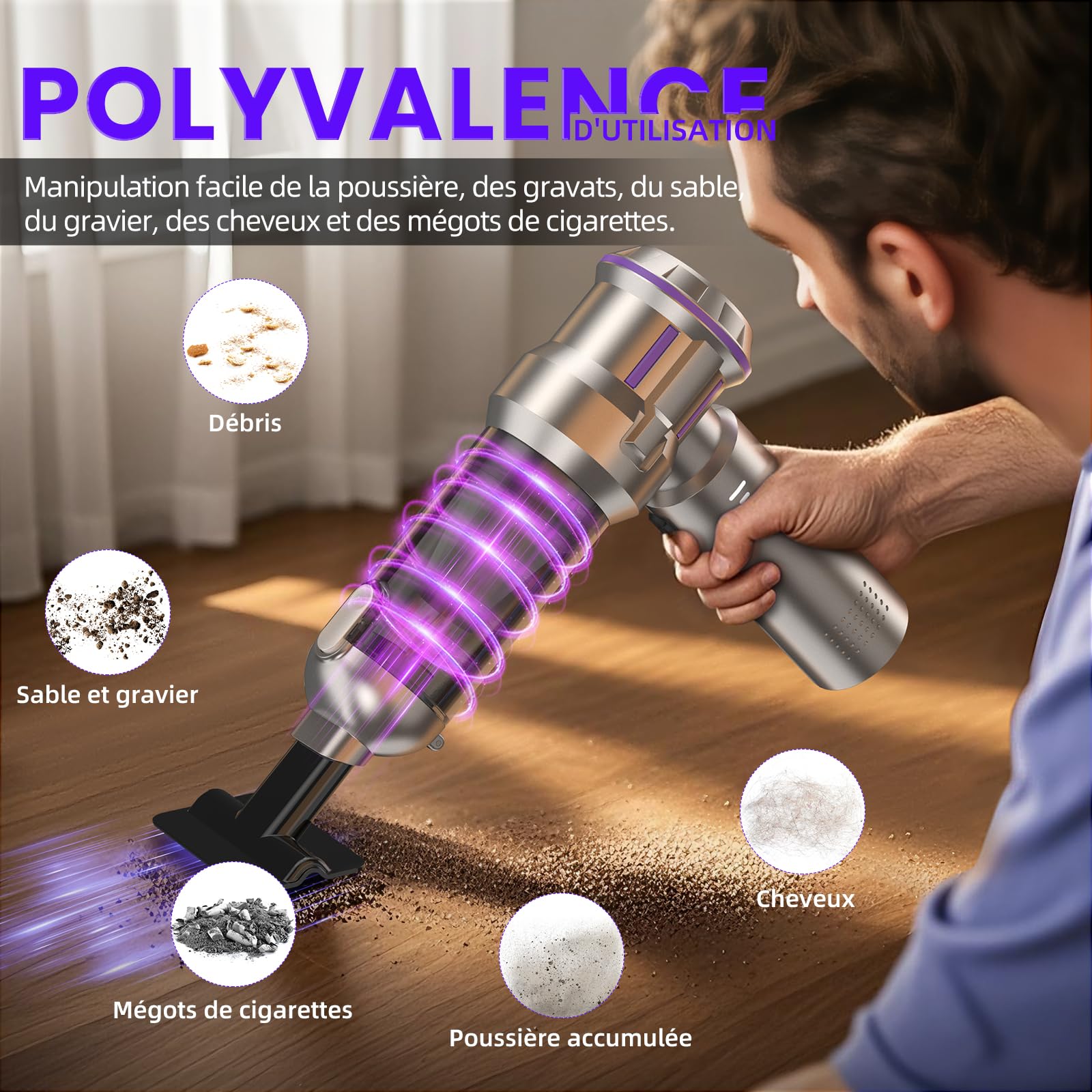 Aspirateur à Main, 25000Pa Aspirateur Voiture Puissant Sans Fil avec Vidage Automatique 1 Touche, 4-en-1 Mini Aspirateur, Moteur sans Balai, 3 Niveaux, Idéal pour les Poils D'animaux, Voiture, Maison