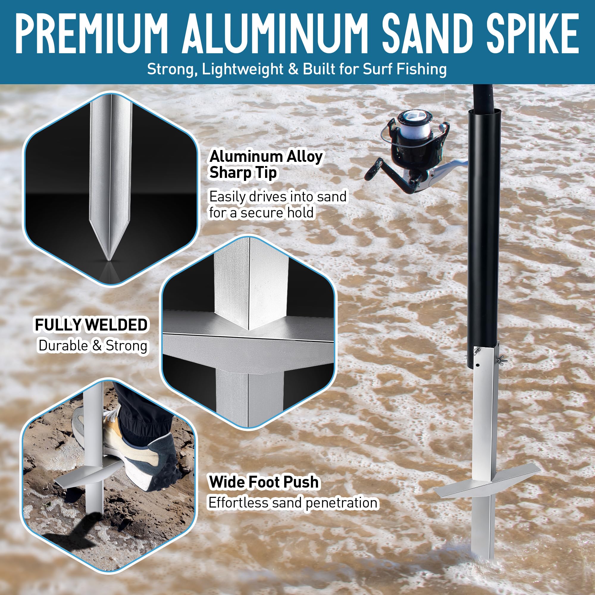 Piques de sable pour la pêche au surf, support de canne à sable avec pointe tranchante en alumine et plaque de pied soudée pour un soutien stable de la plage et du rivage, assemblage sans outil pour