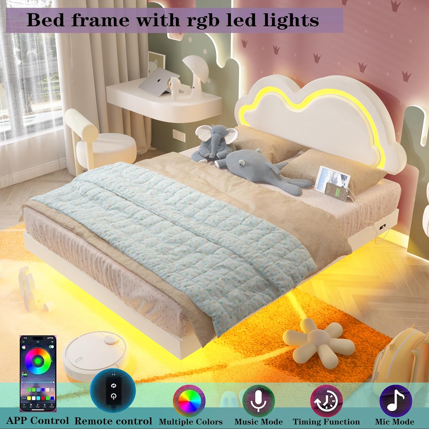 Full Size Bed Frame with Cloud Headboard,Floating Full Bed Frame with Charging Station& LED Lights, Velvet Upholstered Platform Bed for Kids/Girls,Wood slat support,No Box Spring Needed,Off-white | Cloud Headboard, Floating Bed Frame, Charging Station, LED, Velvet Upholstered