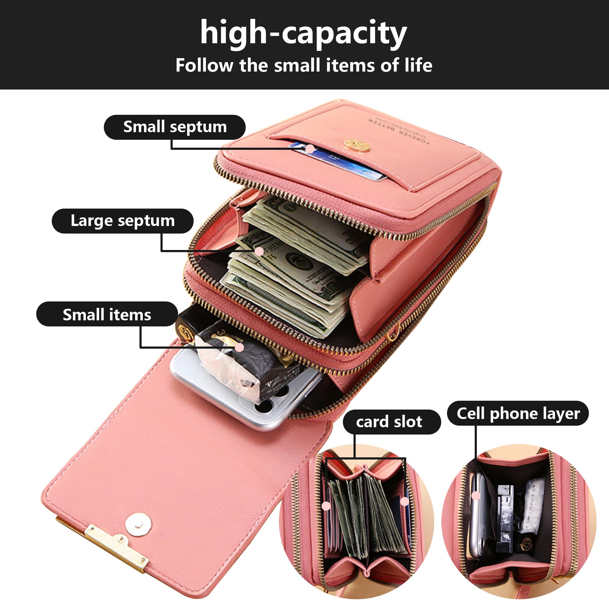 Pochette Telephone Portable en Cuir PU pour Femme, Sac Telephone Portable Petit Multifonctionnel avec Portefeuille, Pochette Portefeuille Femme pour Téléphones Jusqu'à 6,9" (gris)