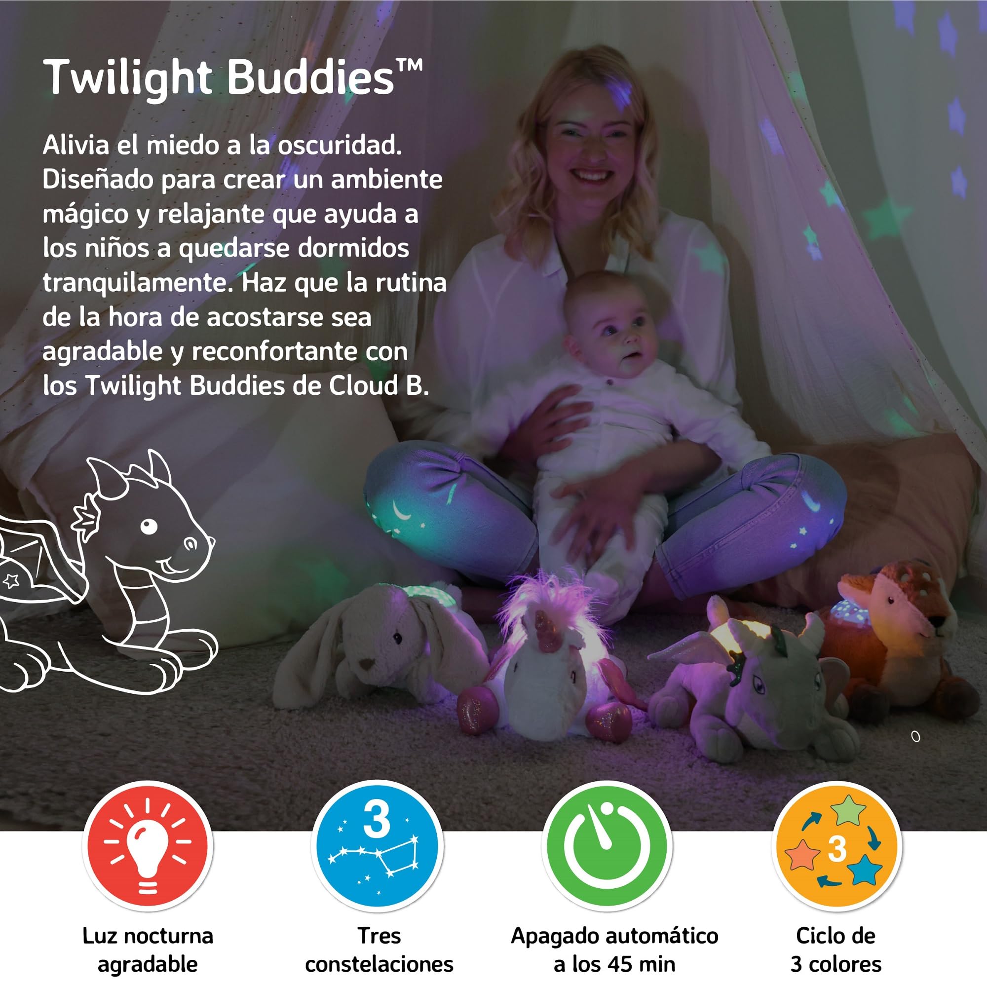 Cloud B Calming Nightlight Star Projector | Gentle Brightness | 3 Colors | 3 Constellations | Auto-Shutoff | Twilight Buddies Dragon