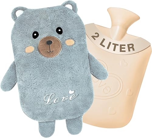 Botella de agua caliente con tapa, bolsa de agua caliente, 2 litros de goma caliente con cubierta de cintura suave para el cuello, hombros, espalda,