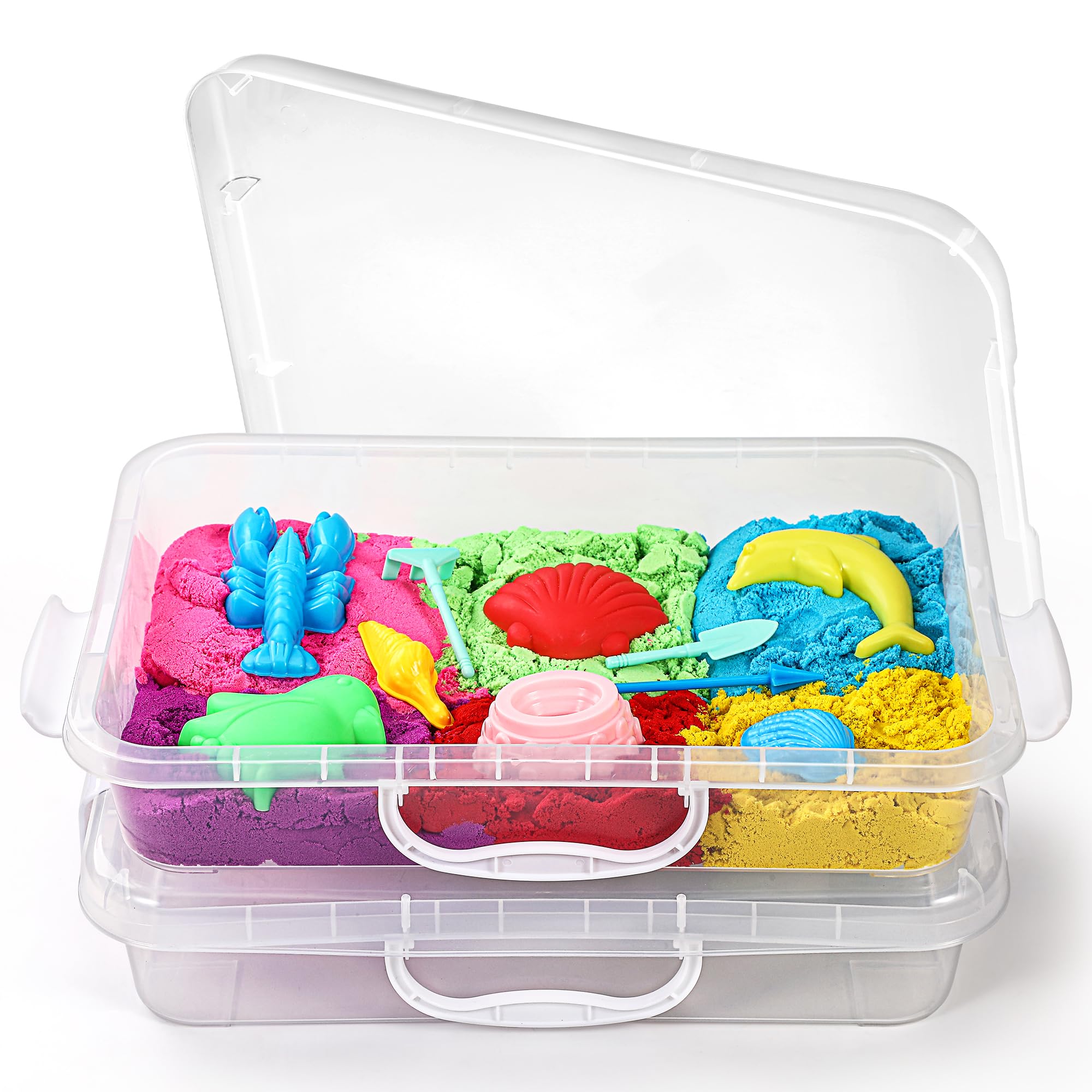 sikmcle Paquete de 2 bandejas de arena sensoriales con tapa y asa, contenedor de caja de arena sensorial portátil para niños, bandeja de actividades de plástico para niños pequeños, transparente