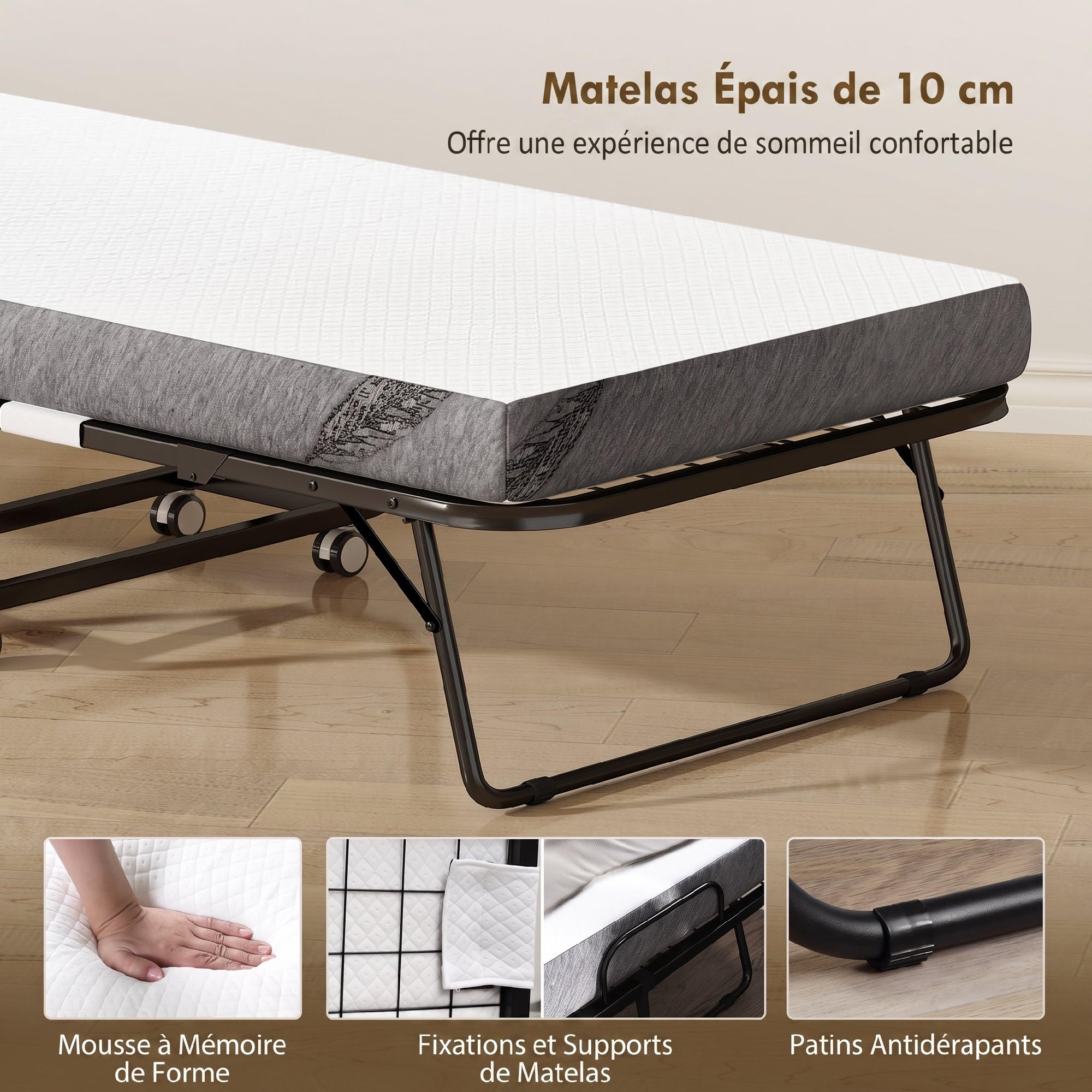 HOMCOM Lit Pliant 1 Personne 200 x 90 cm avec Matelas, Lit d'Appoint Blanc