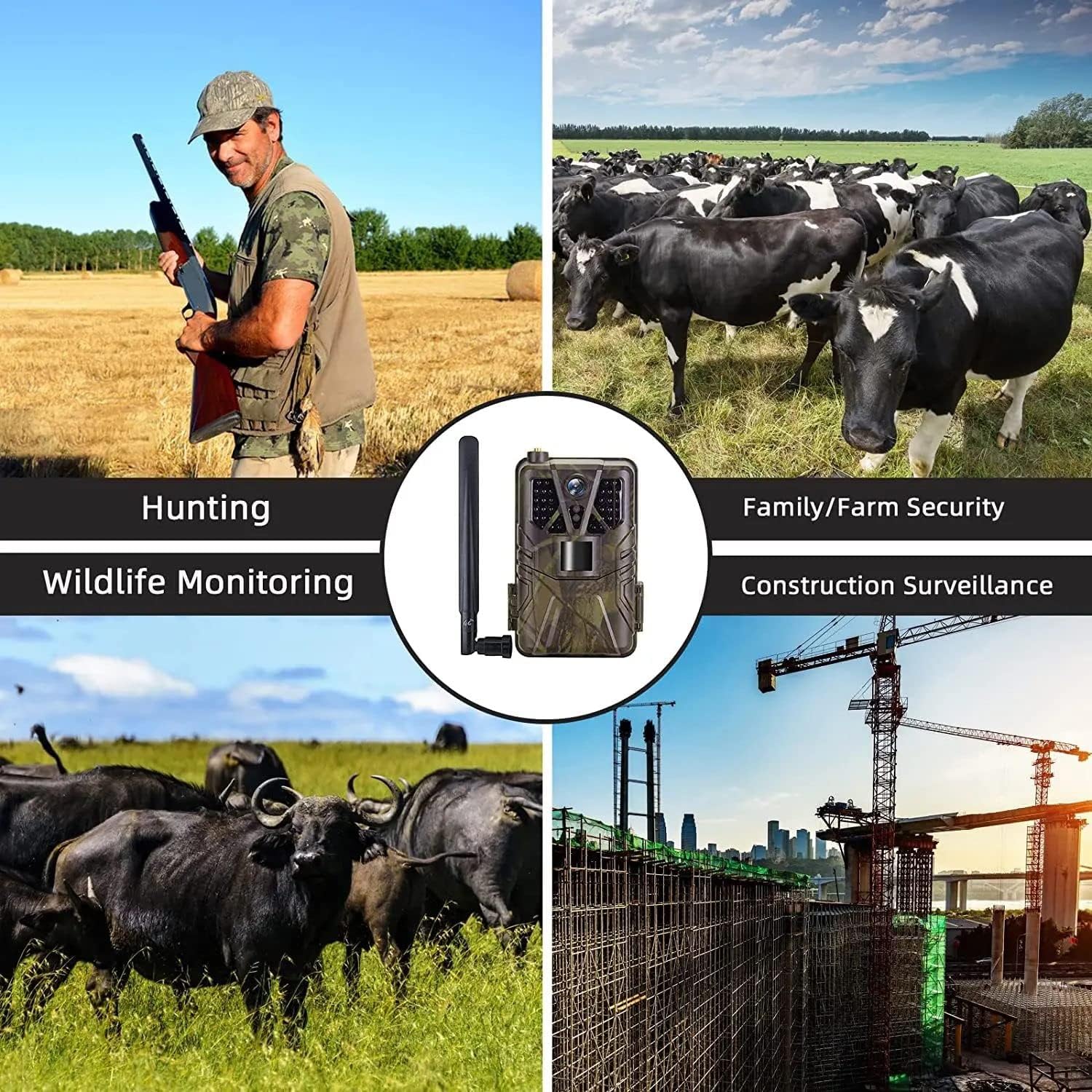 Four quadrants showing different uses: hunting, family/farm security, wildlife monitoring, construction surveillance