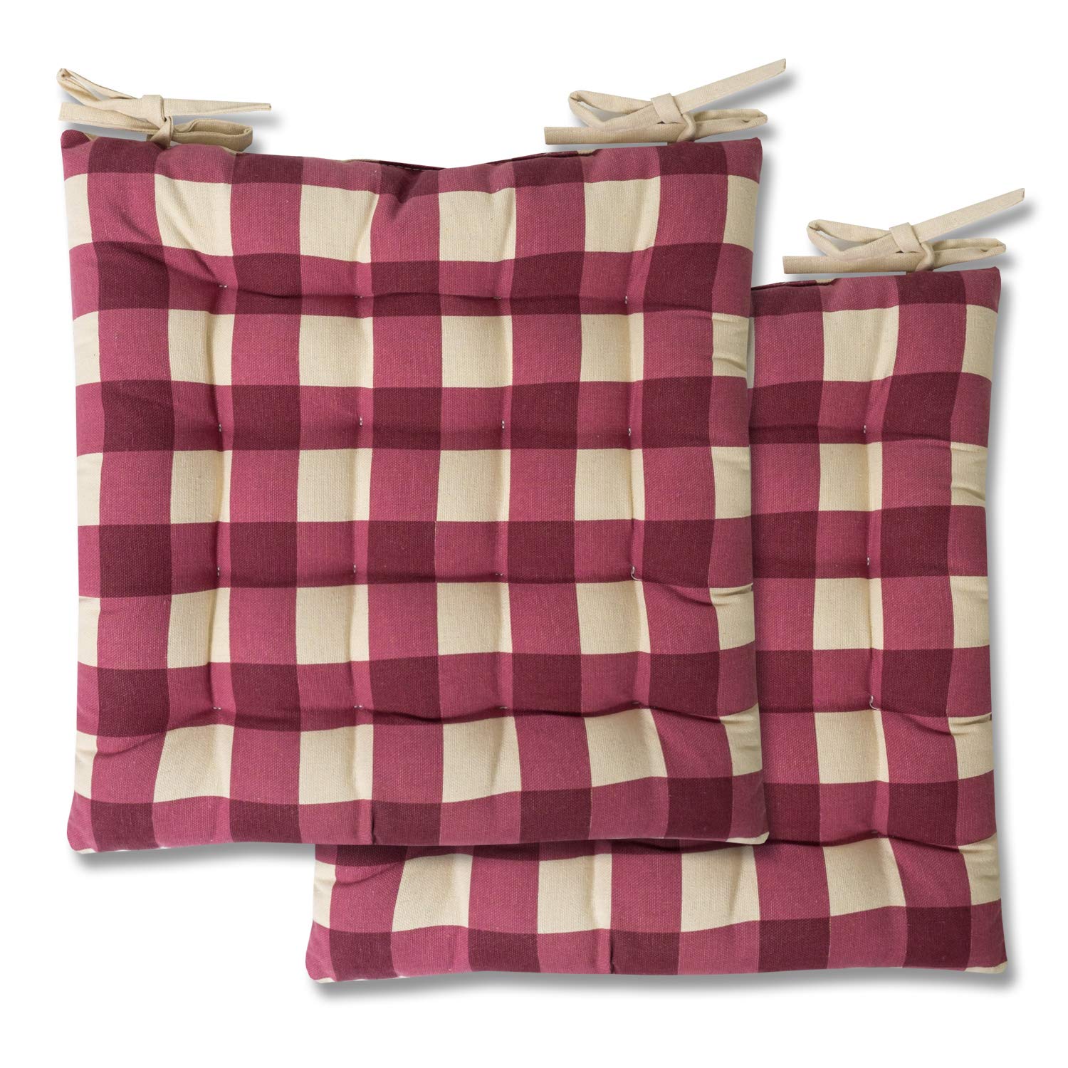 Sweet Home Collection Chair Cushion Seat Pads Indoor/Outdoor Printed Tufted Design Soft and Comfortable Covers for Dining Rooms Patio with Ties for Non Slip, Buffalo Check Burgundy (Pack of 3)