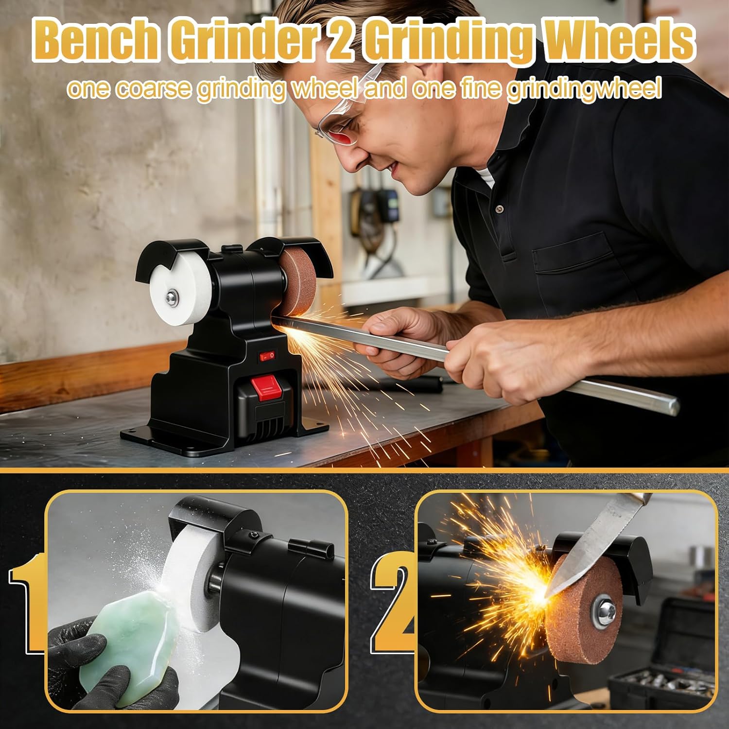 GLXX Mini Bench Grinder with 2 Wheels 250W Electric Multi Functional Bench Grinder 0-6000 RPM Heavy Duty Pure Copper Motor for Workshop Home Garage Metalworking Polishing Rust Removal (Black)