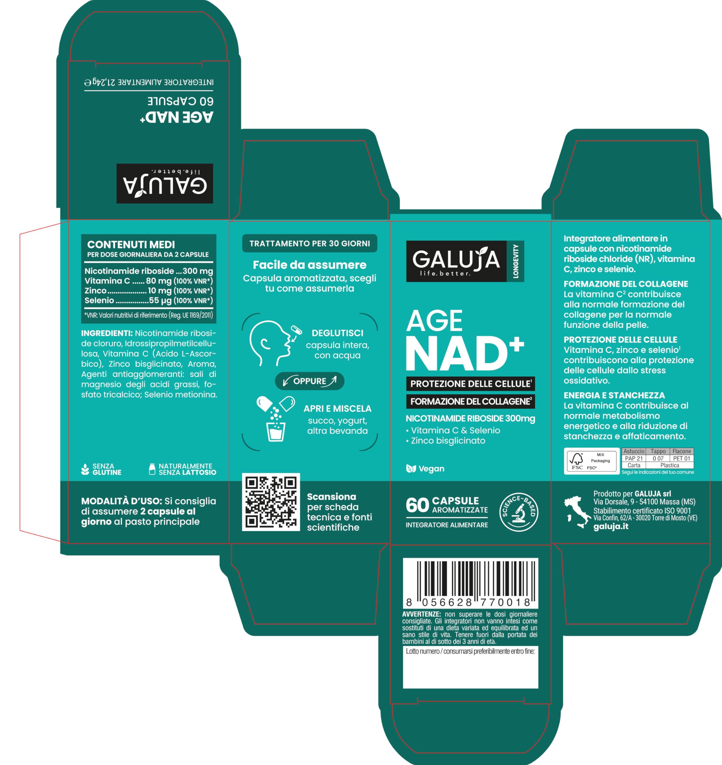 Age NAD+ - Integratore Longevity - NR 300 mg - 30 giorni (60 caps) - Vegan, senza glutine e lattosio, aroma pesca - Antiossidanti - Collagene - Energia - Vitamina C, Zinco, Selenio