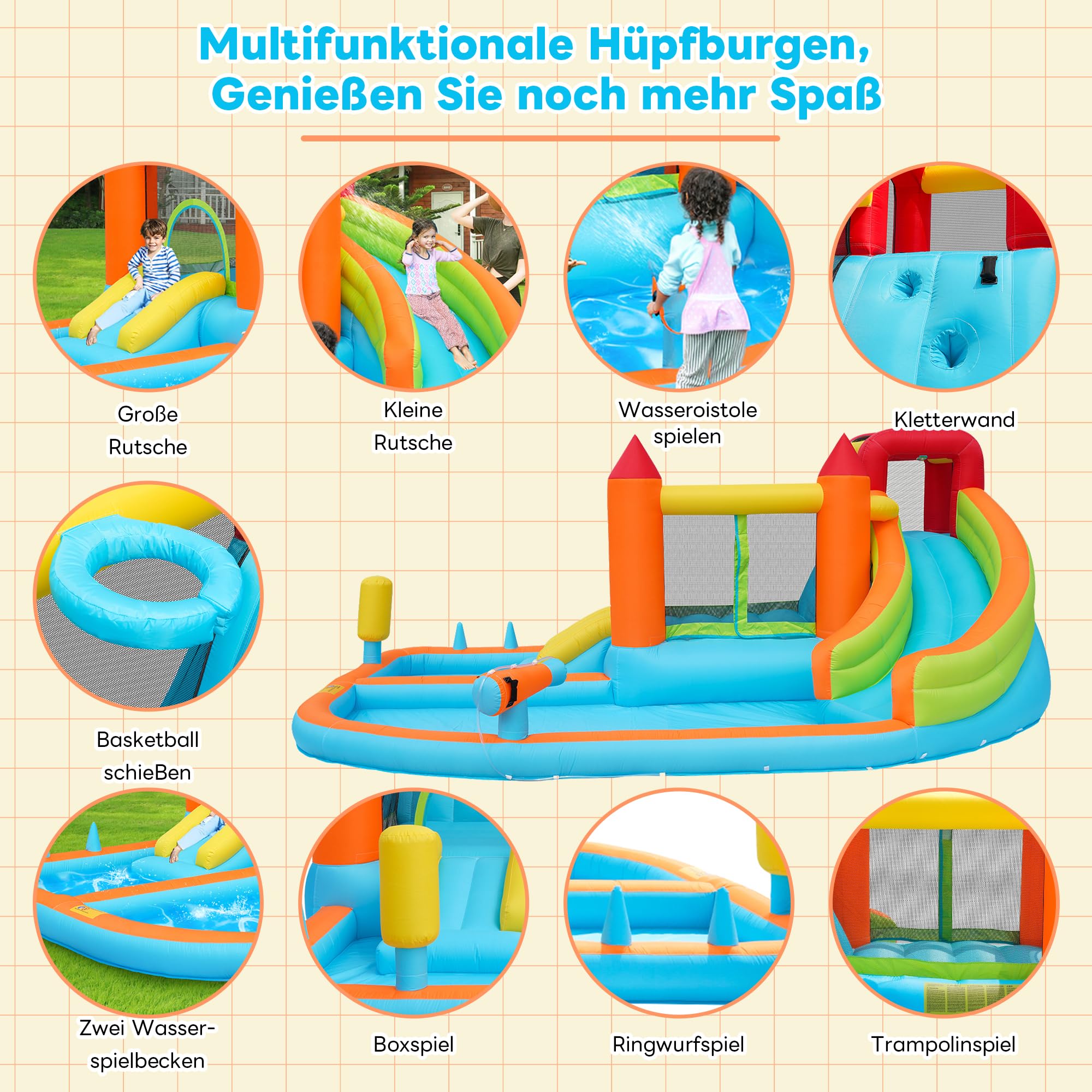 Bouncy Castle para niños 5 en 1 con ventilador, parque acuático inflable con tobogán, plataforma de salto, piscina y red de fútbol, castillo hinchable al aire libre para jardín, tela Oxford