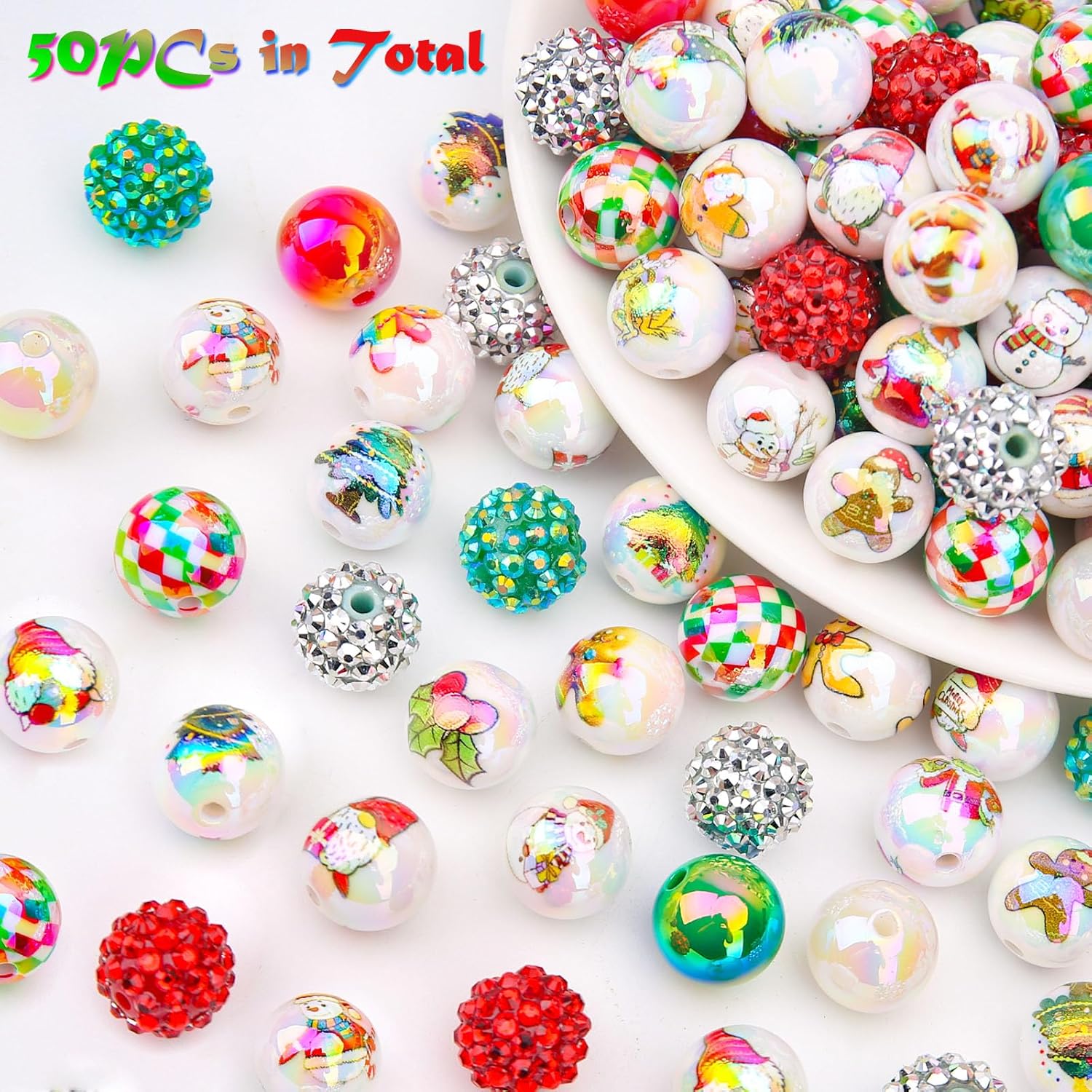 BONNY BOXX 50pcs 16mm Christmas Acrylic Beads, Snowman Santa Gingerbread Grinch Xmas Tree Bubblegum Chunky Beads for Xmas Decoration Garland Beadable Pen Jewelry Making DIY Home Decor - Image 3