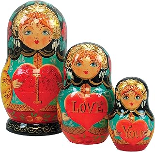 G. Debrekht I Love You Russian Nesting Dolls, Set of 3, Tallest Doll 5-Inch, Hand-Painted