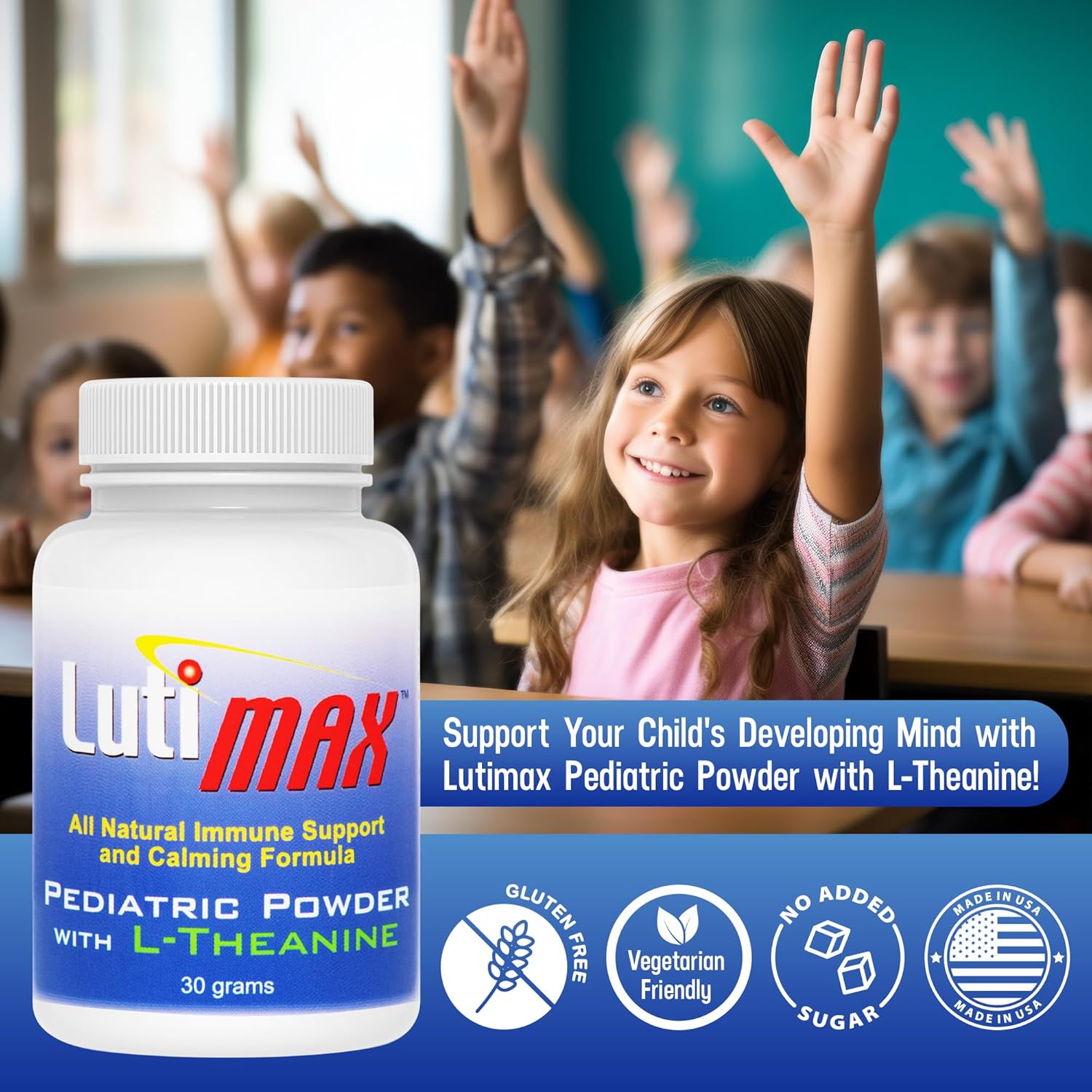 Lutimax Pediatric Powder Brain Supplement with Luteolin, Rutin & LTheanine - Kids Memory, Focus, Muscle & Immune Support Brain Supplement - Nootropic Antioxidants for Brain Health Support 100 Serving