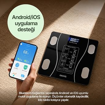 Asonic Akıllı Dijital Bluetooth Baskül - 180 kg Kapasite, Vücut Analiz Özellikli, Temperli Cam, Siyah