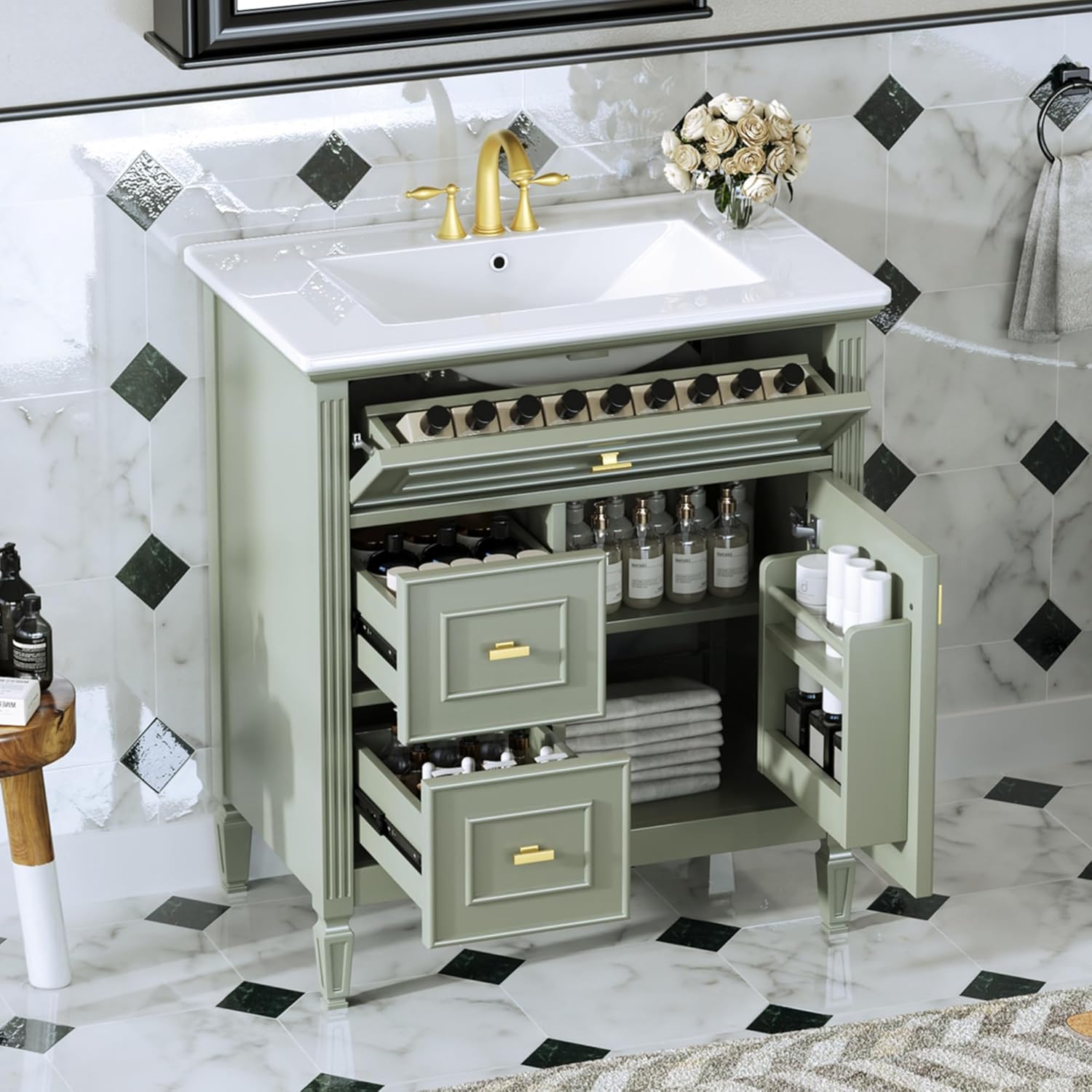 30" Bathroom Vanities with Undermount Sink, Storage Cabinet with Tip-Out Drawer, Vintage Style Soft-Closing Door, Adjustable Shelf, Green