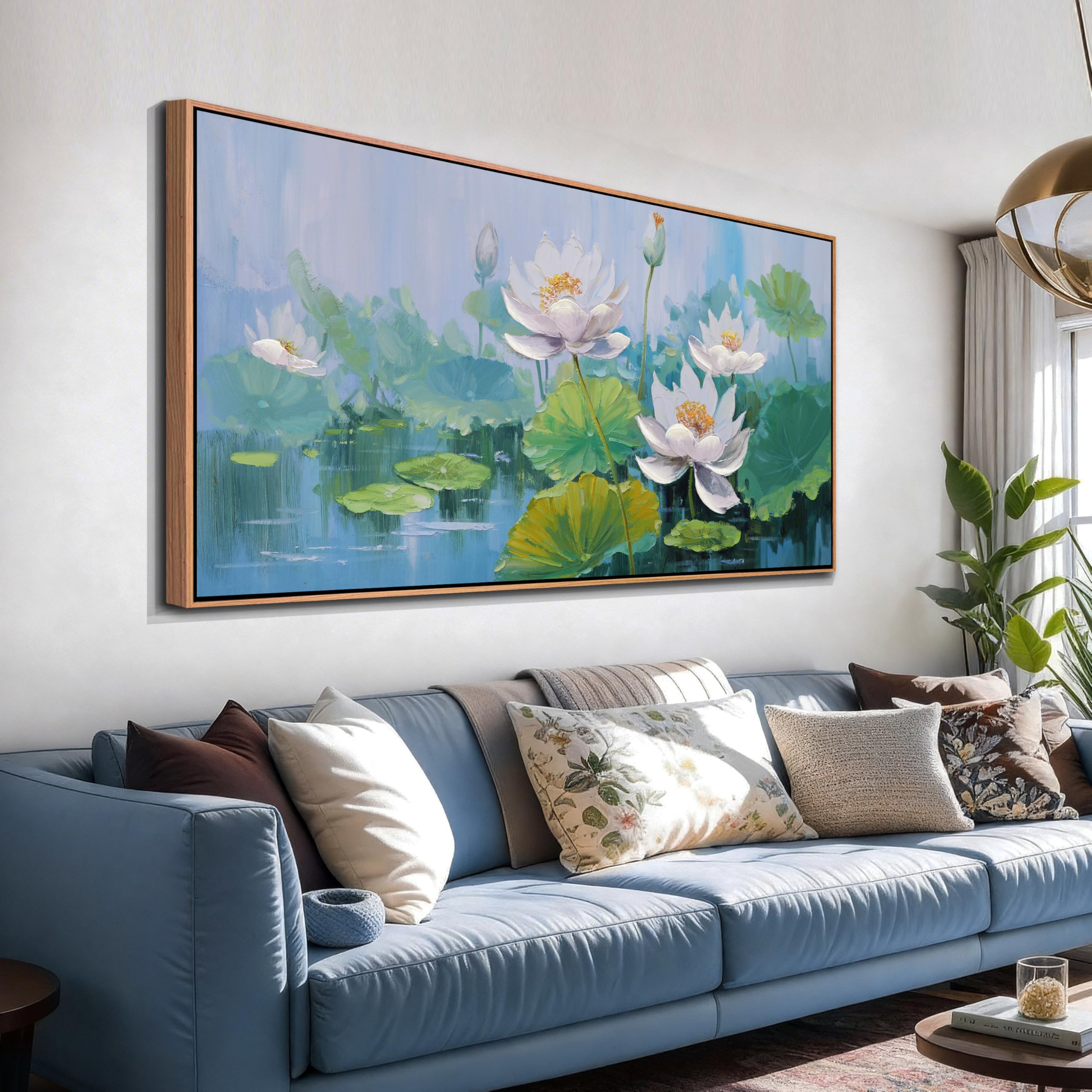 Photo 1 of Acocifi Framed White Lotus Landscape Canvas Wall Art 48"x24", Nature Scenery Sage Green Picture Impressionistic Style Painting, Artwork for Living Room Bedroom Dining Room Office Home Decor