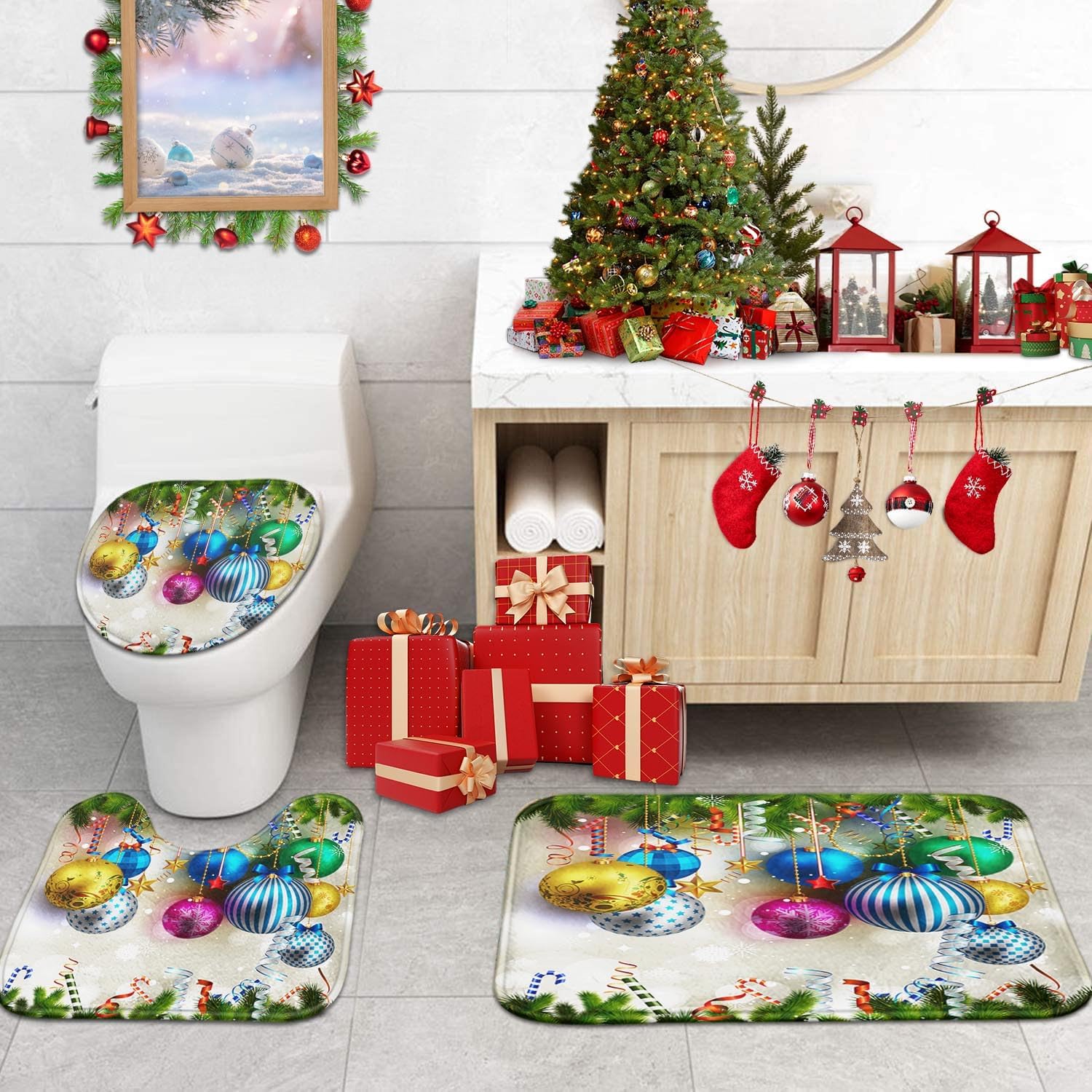 Britimes Christmas Bathroom Sets with Shower Curtain and Rugs Set of 4 Ball image 5