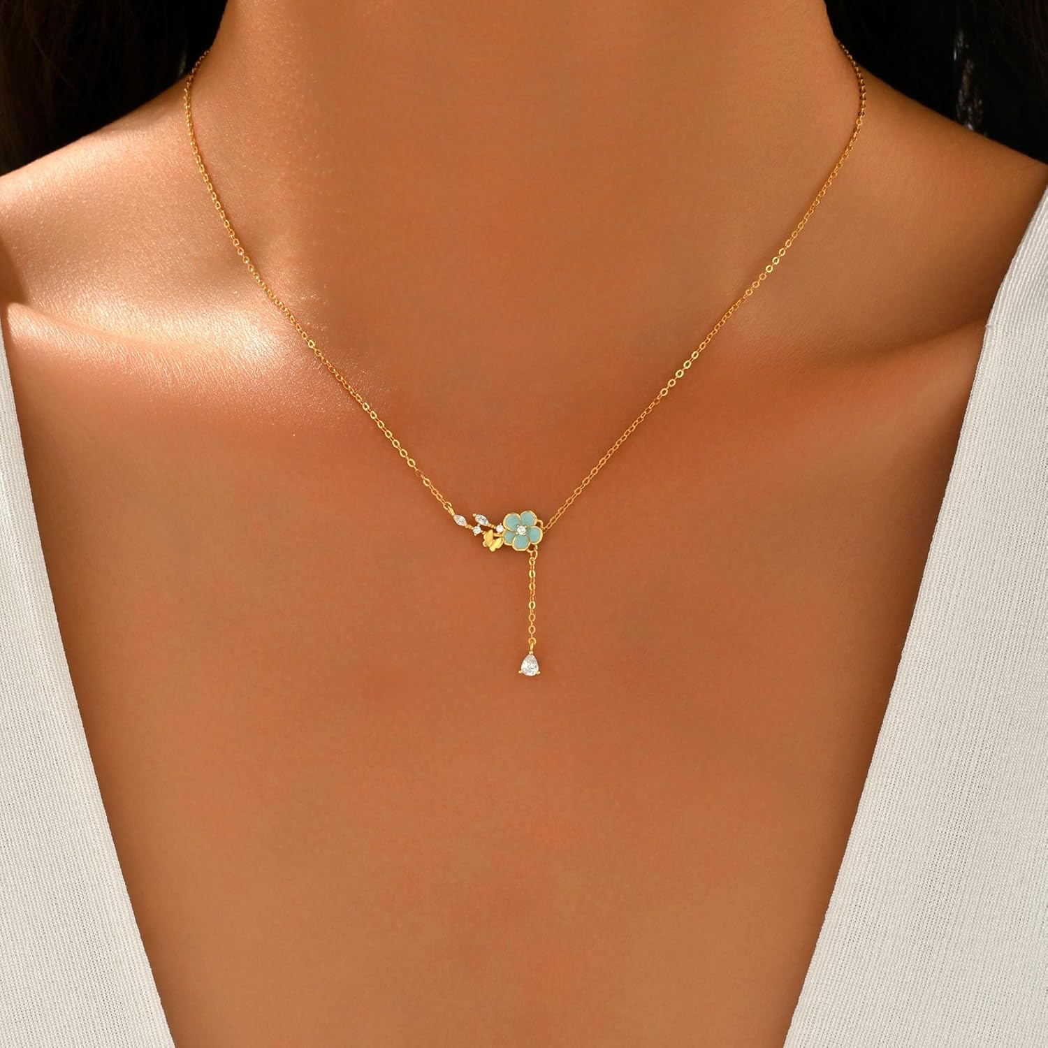 925 Sterling Silver Dainty Cherry Blossom Flower Leaf Necklaces for Women Light Green Flower CZ Butterfly Charm Chain 14K Gold Plated Birth Month Enamel Floral Pendant Necklace Easter Jewelry Gifts for Her - Image 2