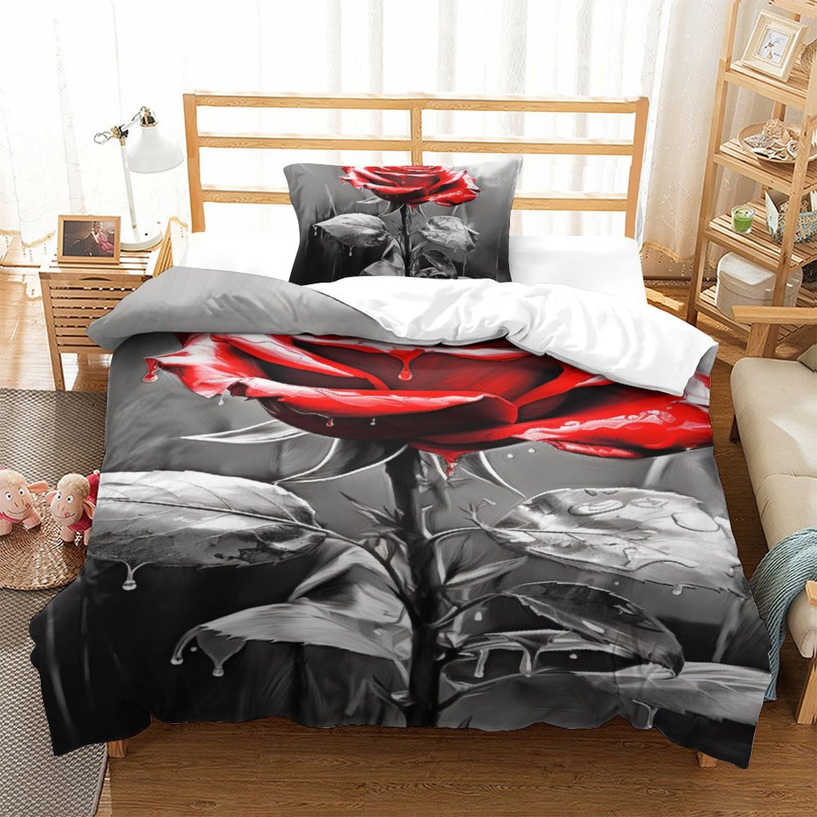 Housse de couette avec fermeture éclair microfibre anti-plis roses 3D