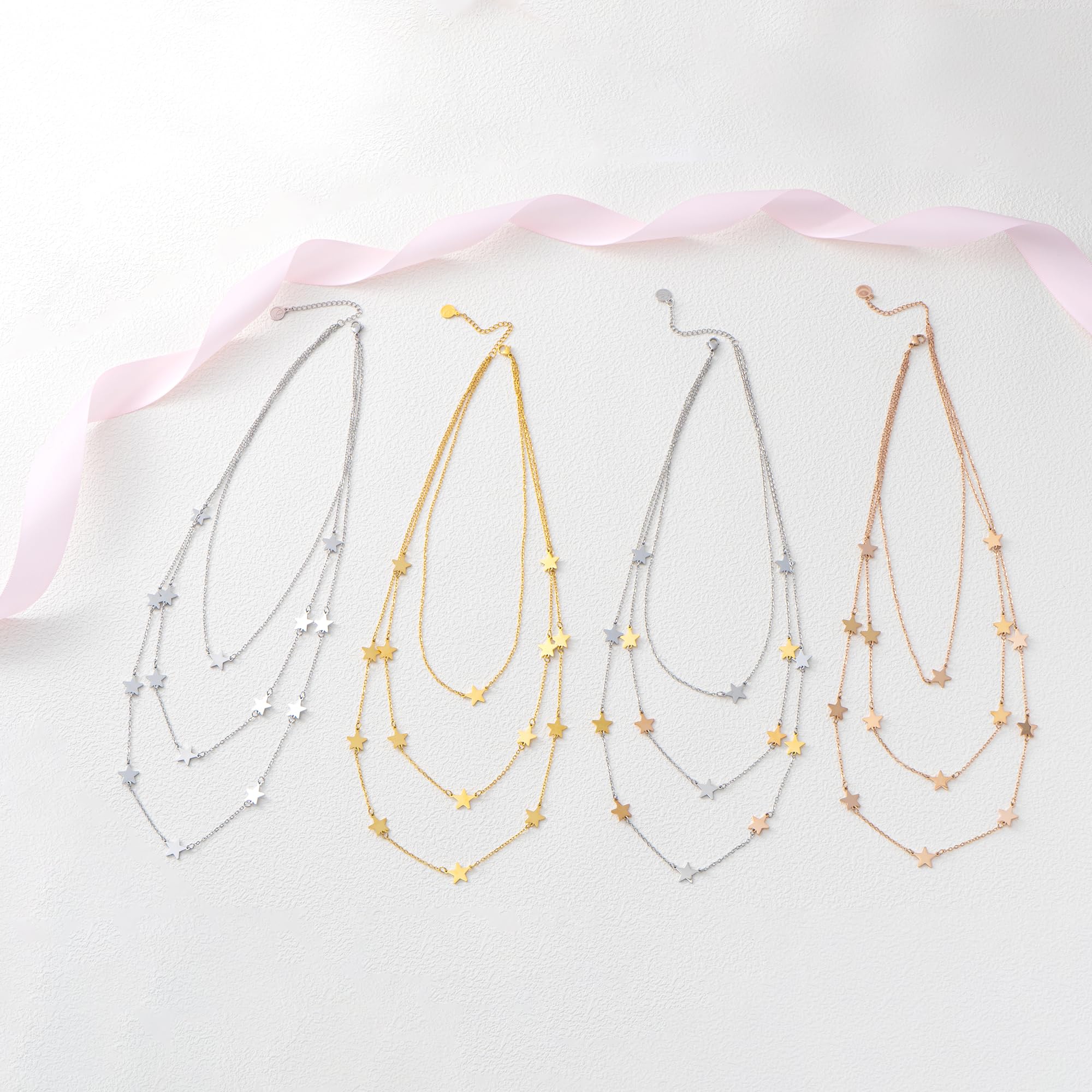 inSCINTILLE Collana Donna Stelle e Cuori in Acciaio Inossidabile, Collana Multicollana 1/2/3 Fili, Lunghezza Regolabile, Idea Regalo con Confezione