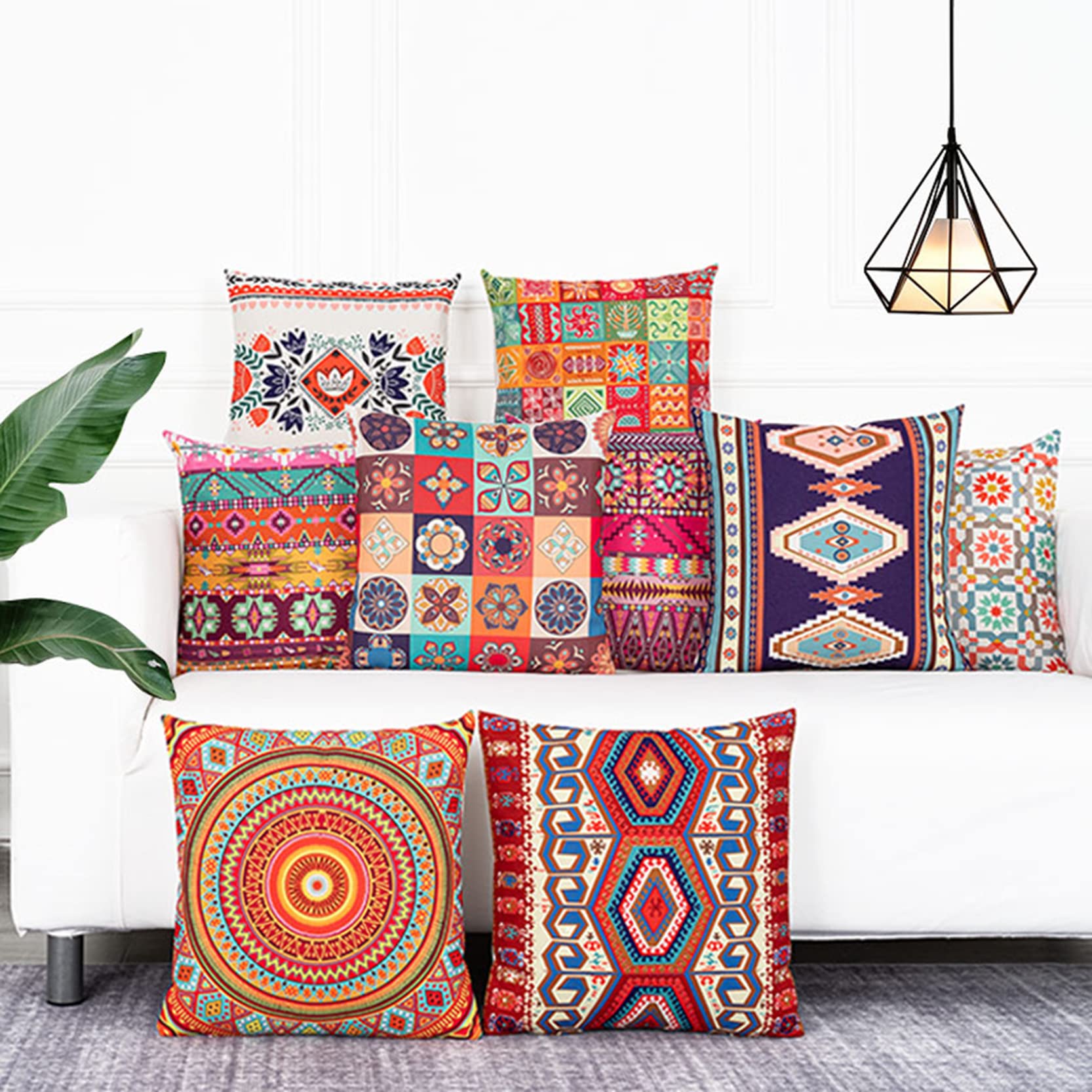 Juego de 2 Fundas Almohada Decorativas Estilo Chino, Seda, Bohemio, algodón y Lino, con diseño Mandala, cuadradas, for decoración del hogar(E,45 x 45 cm (Pack of 2))
