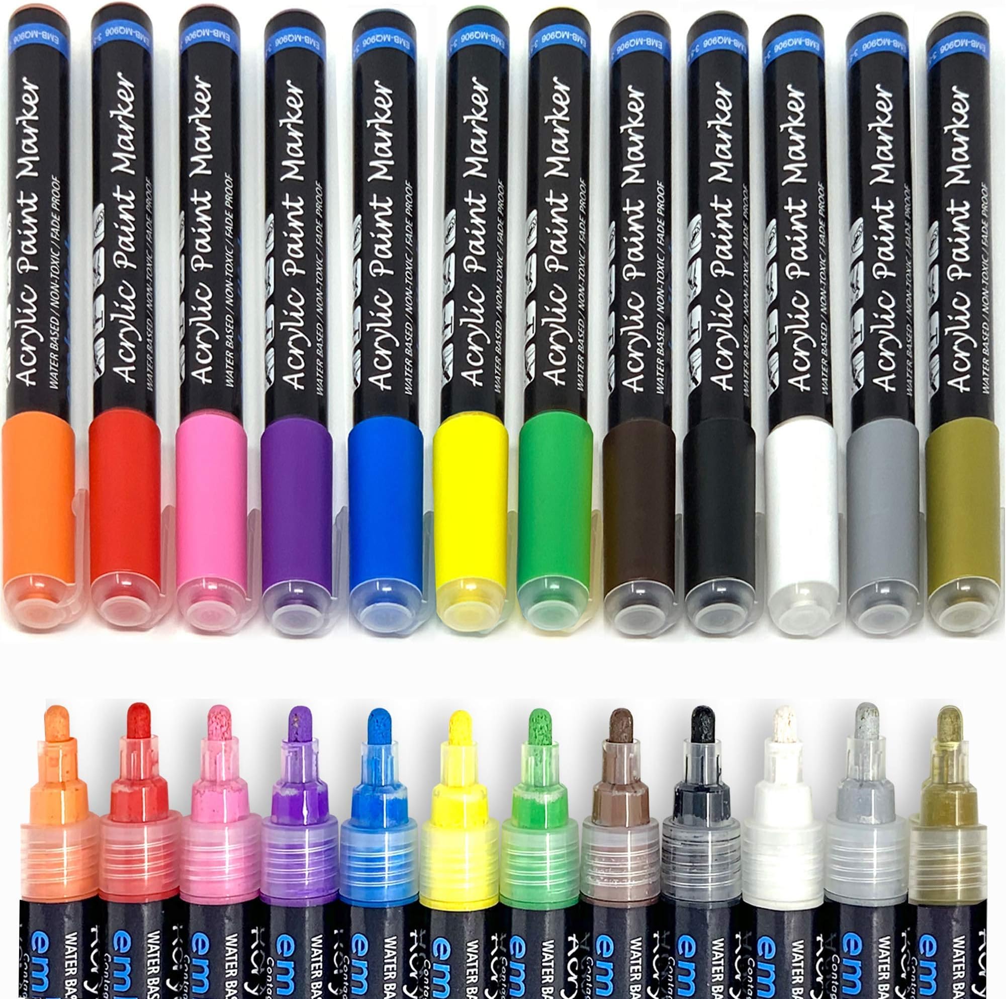 Acrylic Paint Marker Pens, Set of 12 Colors Markers Water Based Paint Pen for Rock Painting, Canvas, DIY Craft, School Project, Glass, Ceramic, Wood, Metal (Medium Tip)