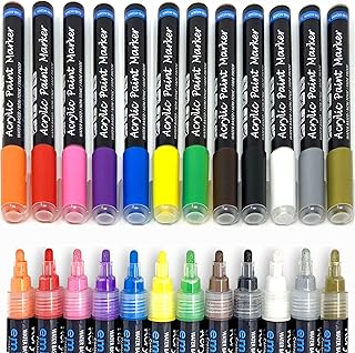 Acrylic Paint Marker Pens, Set of 12 Colors Markers Water Based Paint Pen for Rock Painting, Canvas, DIY Craft, School Pro...