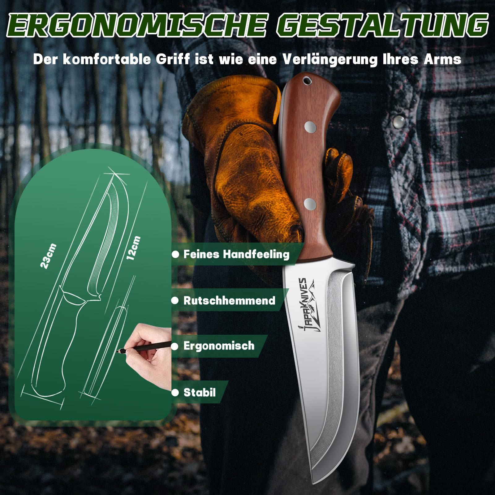 Japaknives Jagdmesser Feststehende Klinge Survival Messer mit Lederscheide Bushcraft Messer Rosenholzgriff Outdoor Messer Jagd Geschenk für Männer