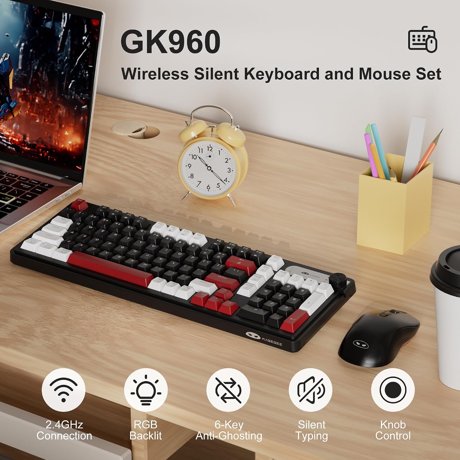 MageGee V990 Creamy Wireless Keyboard and Mouse Combo, 99 Keys RGB Backlit Rechargeable Quiet Gaming Keyboard, Adjustable Optical Mouse, with Number Pad, Keyboards Set for Desktop, Laptop, PC(Black)