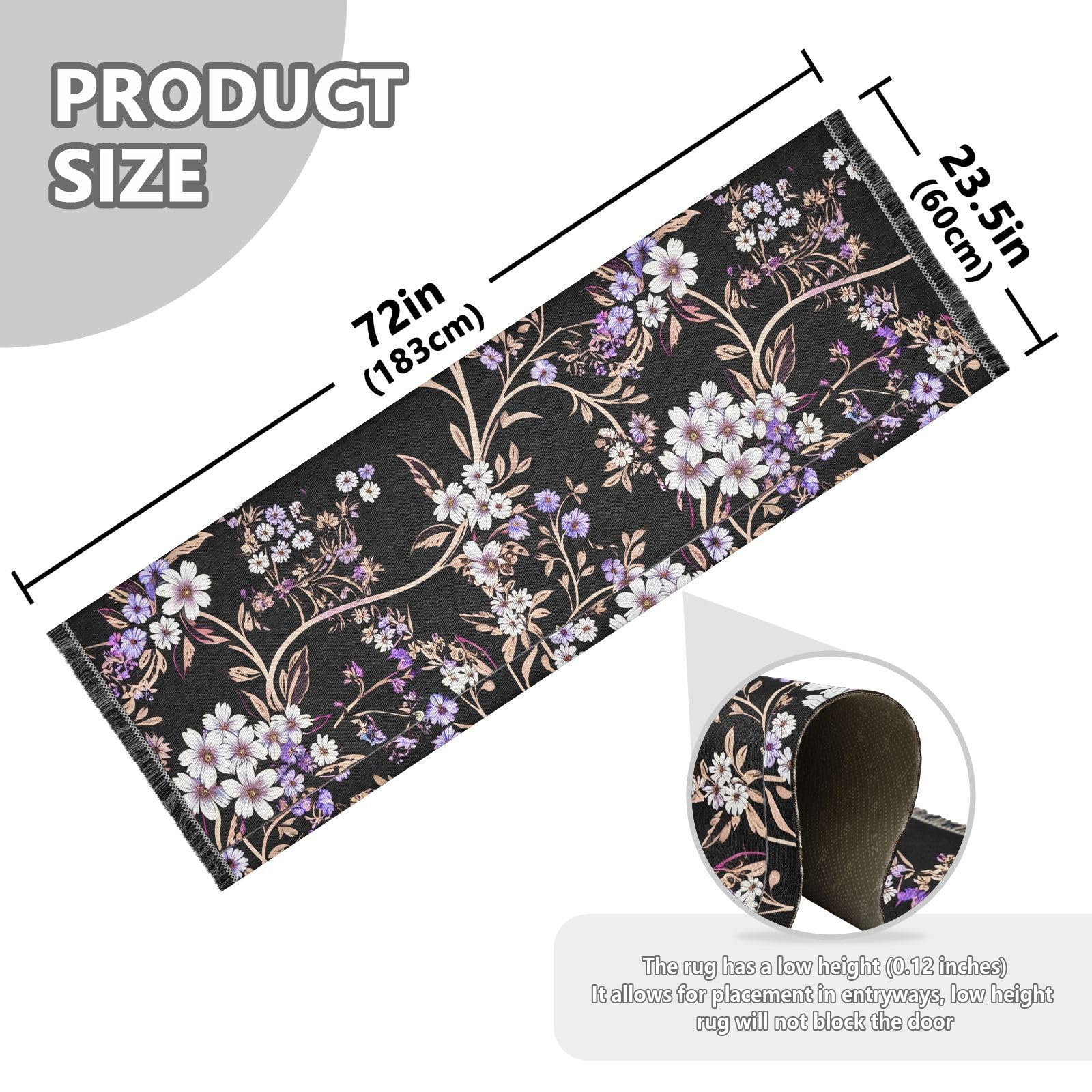 White Flowers Purple Flowers Runner Rug for Hallways Kitchen Rugs Washable Rug for Bathroom Laundry Entryway Indoor