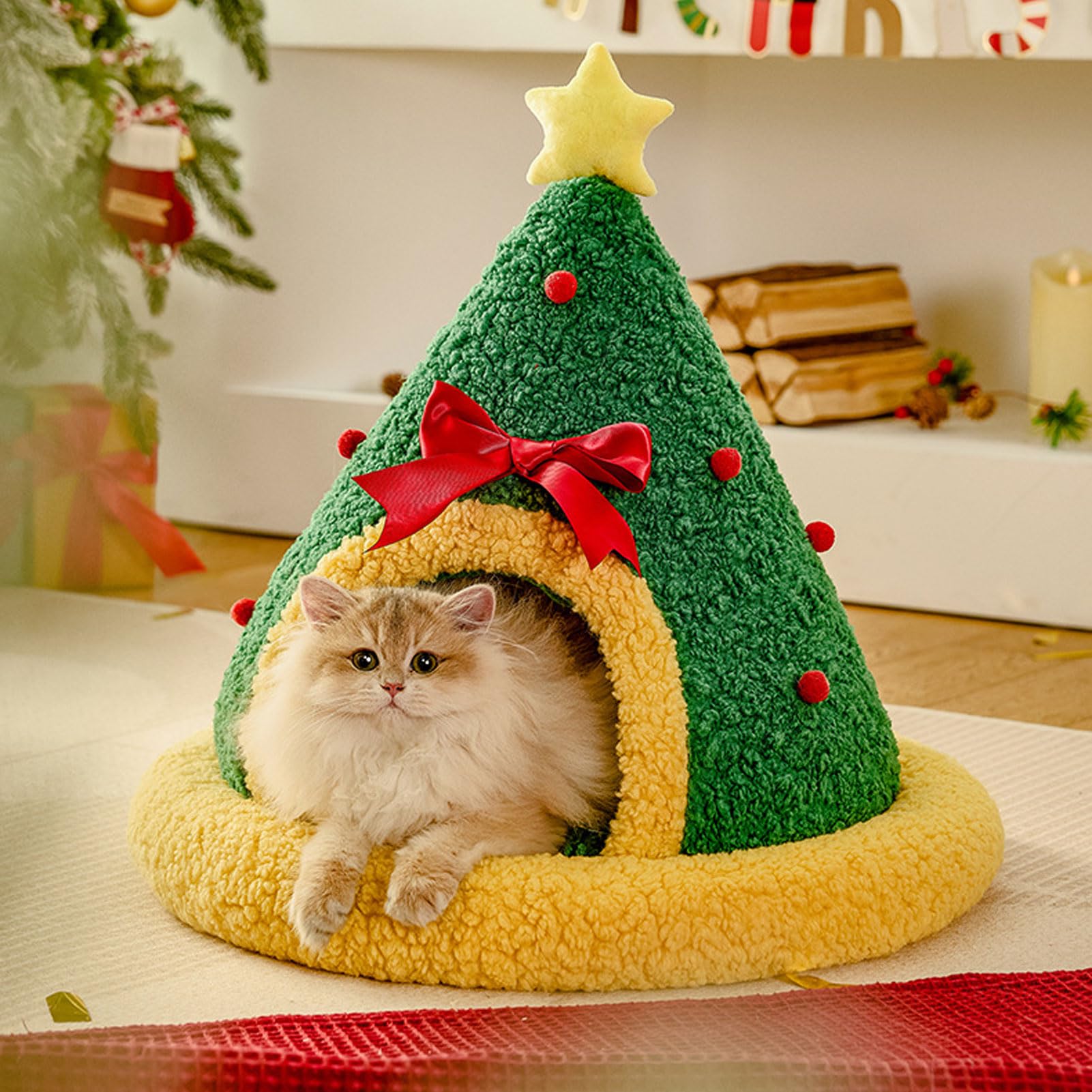 Casa para mascotas, árbol de Navidad, camas interiores para gatos, cama de cueva para gatos, diseño semicerrado, árbol de Navidad multifuncional, triangular, cama cálida para mascotas para el