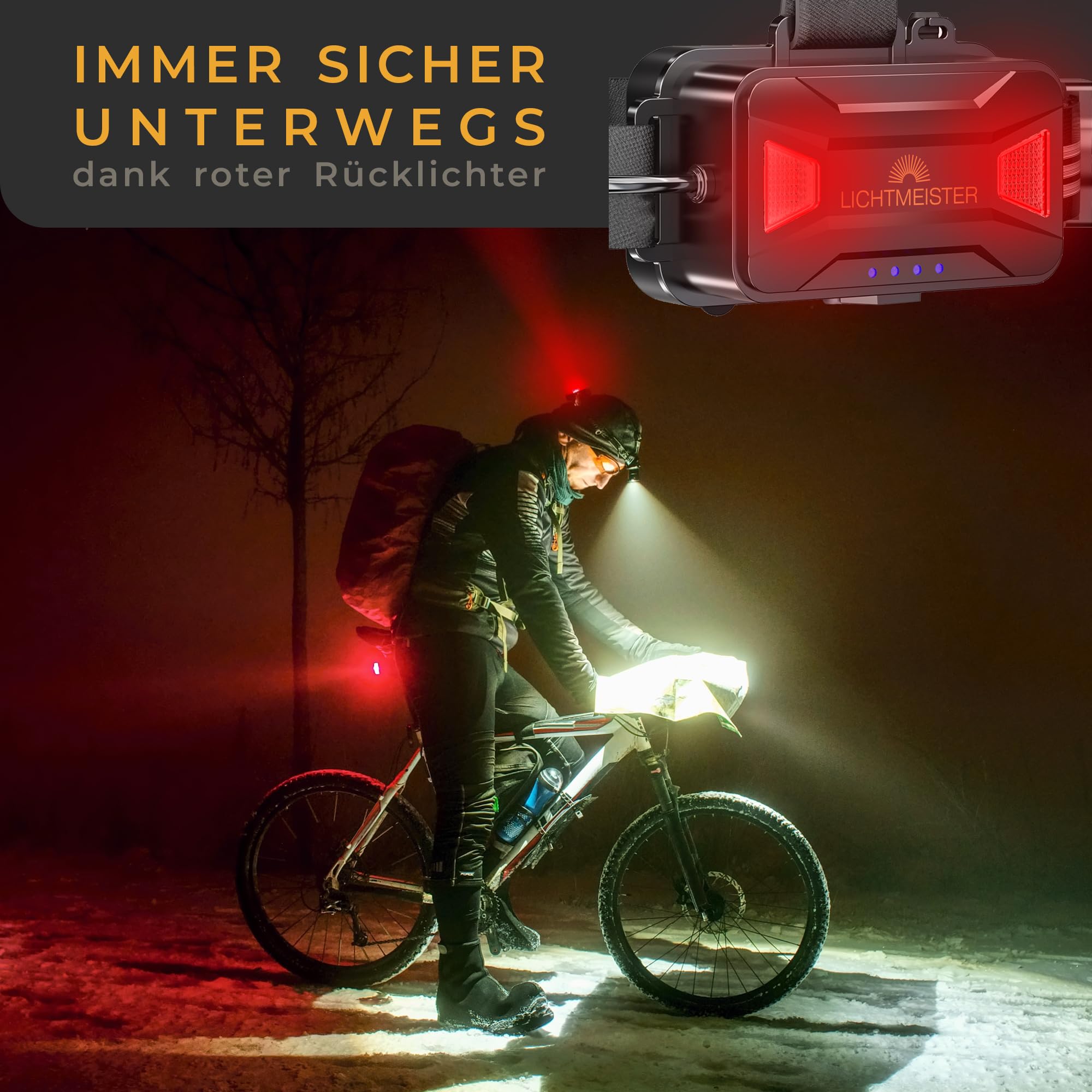 LICHTMEISTER® Latarka czołowa z światłem wstecznym (2500 lumenów, akumulator 8000 mAh) - latarka czołowa LED, możliwość ponownego naładowania - niezwykle jasna latarka czołowa - latarka czołowa LED