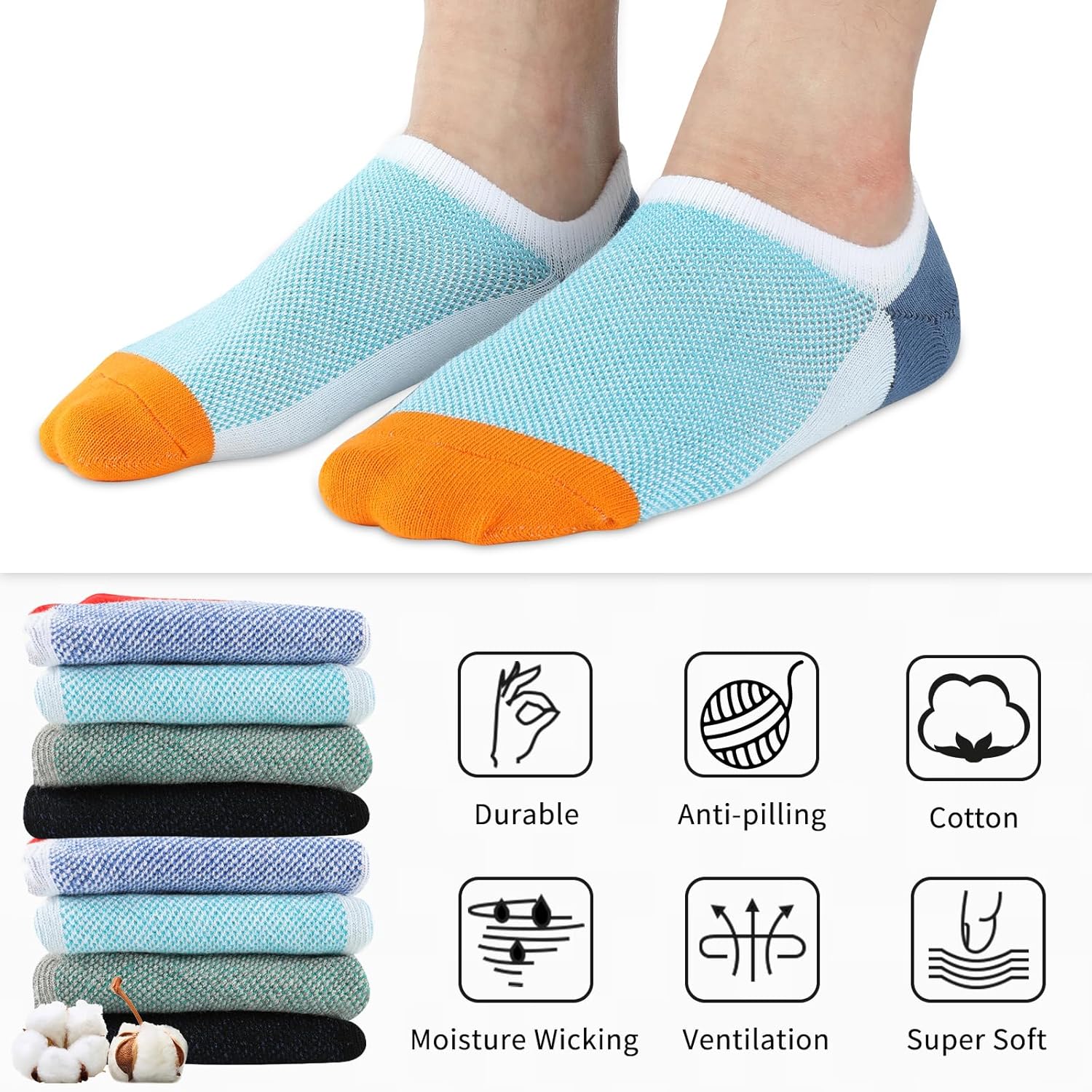 COOPLUS No Show Socks Men 8 Pairs Cotton Low Cut Non Slip Casual Invisible Flat Boat Socks - Image 4