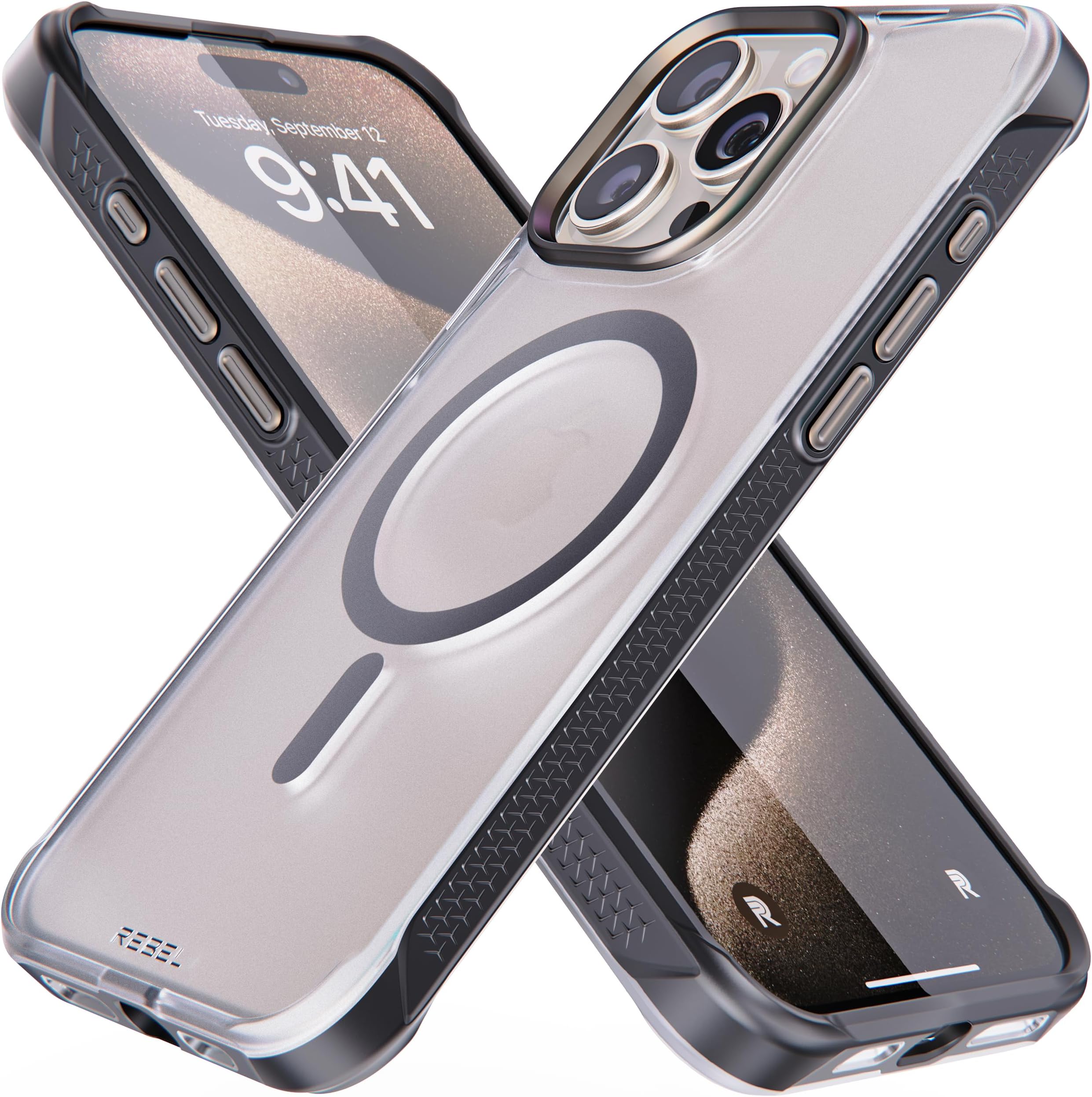 REBEL Clear Case for iPhone 15 Pro Max [Frosted Series Gen-5] Strong MagSafe Compatible, Grip Sides, Translucent Matte Texture, Protective Shockproof Bumpers, Metal Lens & Buttons, 6.7 Inch Phone 2023
