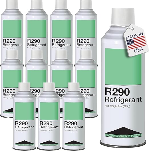 Leak Saver R290 Refrigerant 12-Pack - 8oz Upright Charging Self Sealing Can - Can Stand Upright While Charging - Made in The USA (Adapter Not Included)