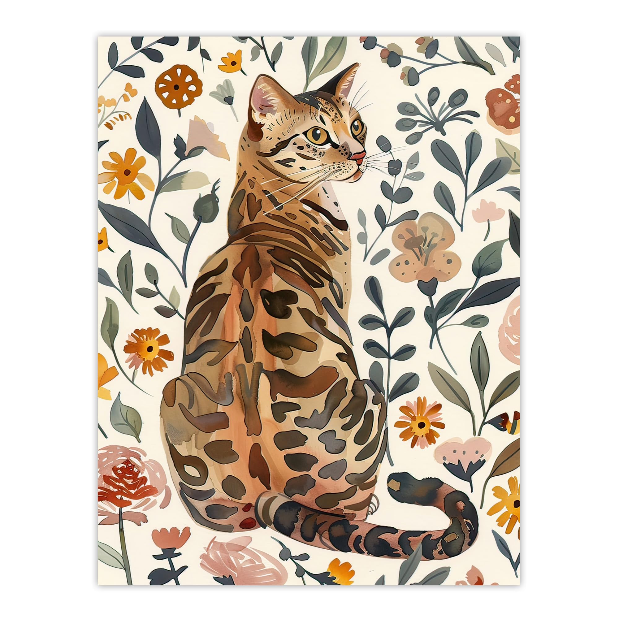 Artery8 Cat Lover Curious Bengal in Autumn Wildflowers Living Room Extra Large XL Wall Art Poster Print