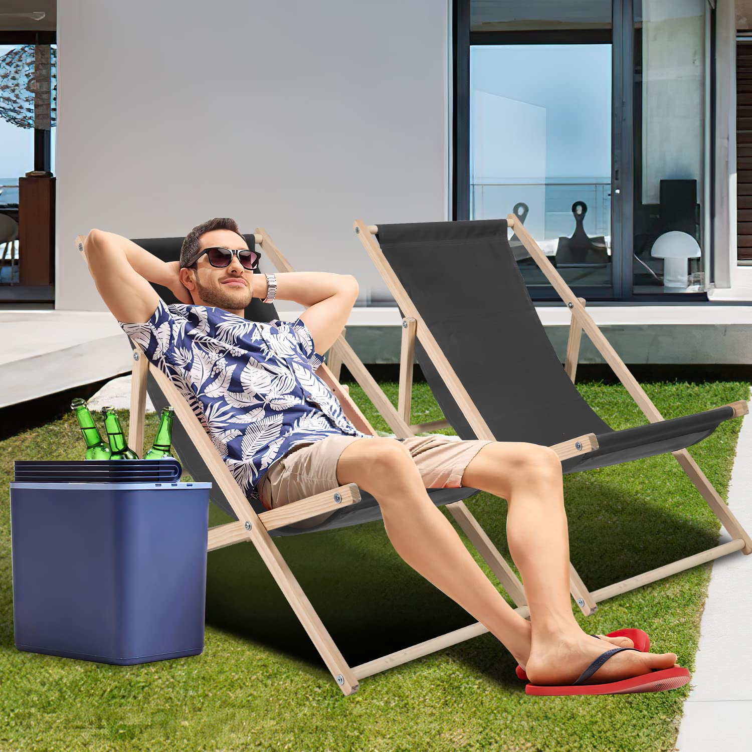 Lot de 2 chaises longues pliantes en bois - Charge maximale : 120 kg - Pour plage, camping, balcon, piscine, chaise pliante en bois, chaise longue de plage, résistante aux intempéries, grise
