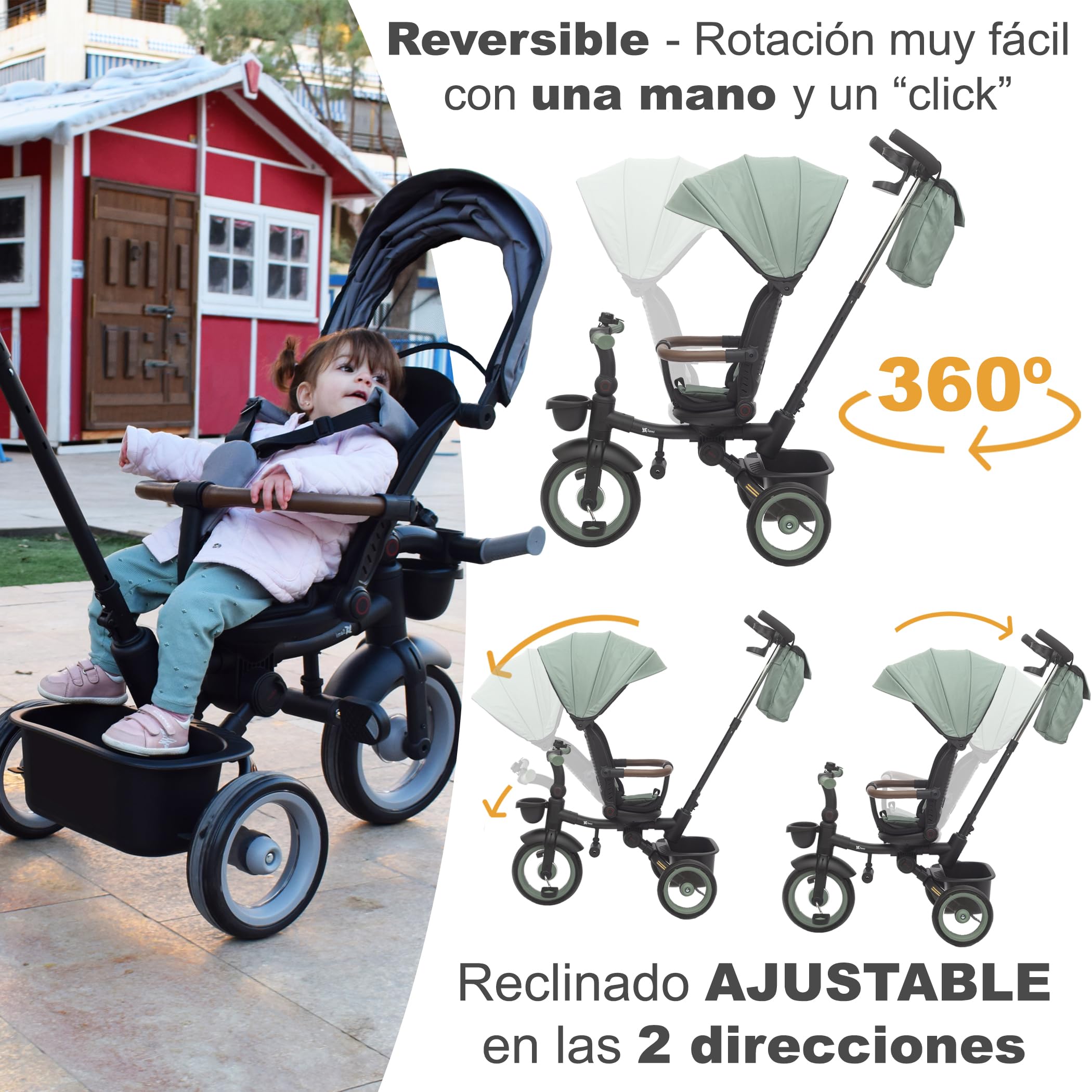 Twinly Triciclo pieghevole per bambini da 1 a 5 anni con sedia reclinabile e sedile reversibile, che accompagna la crescita del bambino, freno e cintura di sicurezza a 5 punti e barra di protezione