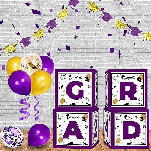 Miniatura 6 de Decoraciones de fiesta de graduación 2022, 4 cajas de globos de graduación de oro púrpura con 2 piezas de "GRAD" y letras moradas "2022" para