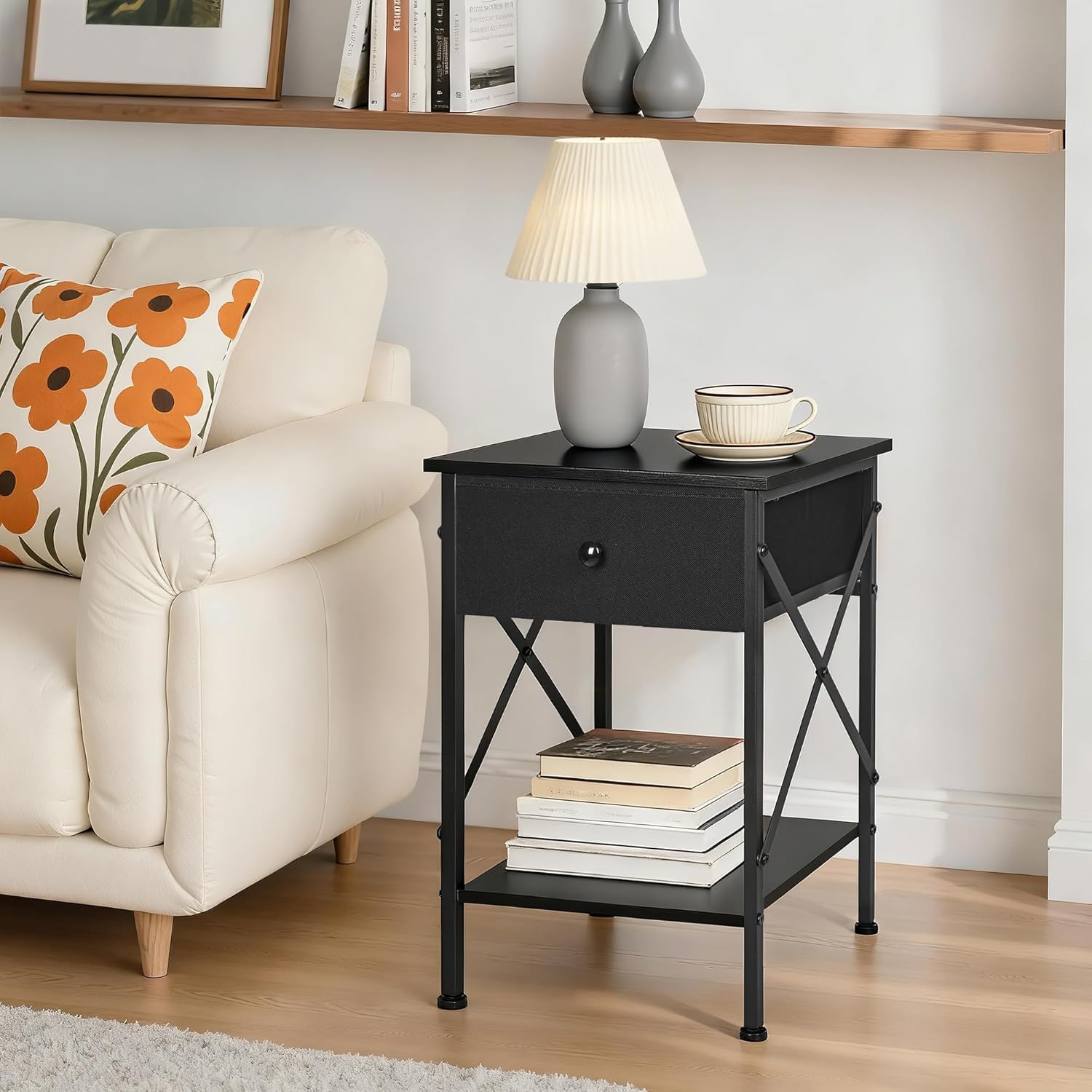 VECELO Nightstand Set of 2, X-Design End Side Table with Fabric Storage Drawer and Open Shelf, Bedside Night Stand with Steel Frame for Bedroom, Living Room,Dorm, Easy Assembly,Classic Black