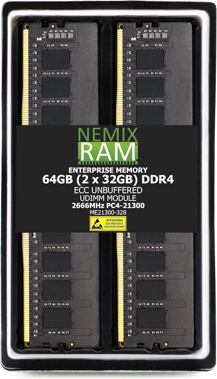 NEMIX RAM 64GB (2X32GB) DDR4 2666MHz PC4-21300 2Rx8 1.2V CL19 288-PIN ECC Unbuffered UDIMM Memory KIT Compatible with Dell PowerEdge R350 Rack Server
