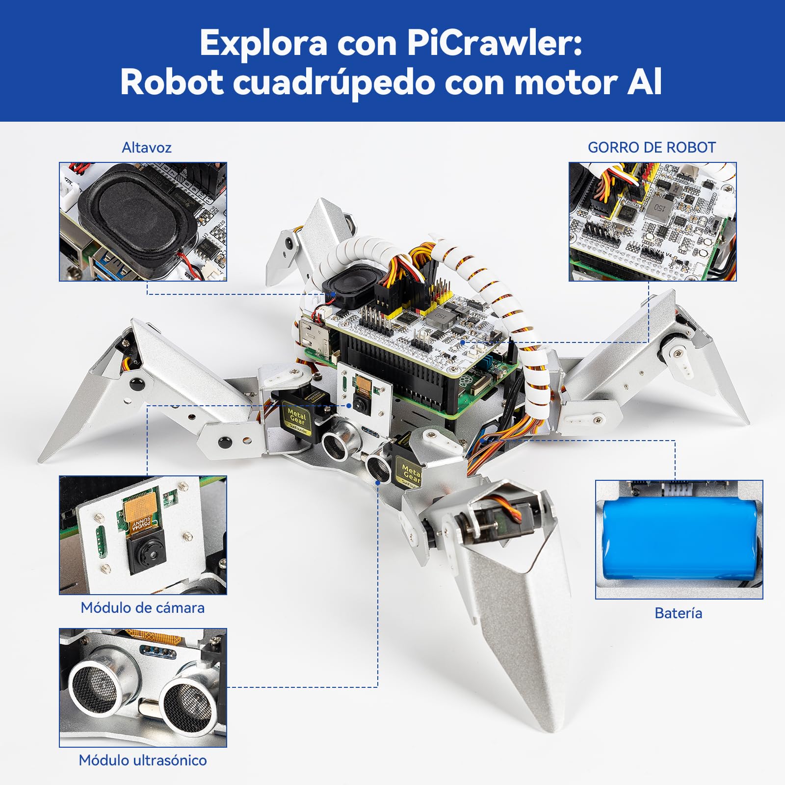 SUNFOUNDER PiCrawler AI Robot Kit para Raspberry Pi, Sombrero Robot, Módulo de Cámara, Multi-Función DIY Robots Biónicos para Niños y Adultos, Pilas Incluidas (Raspberry Pi NO Incluido)