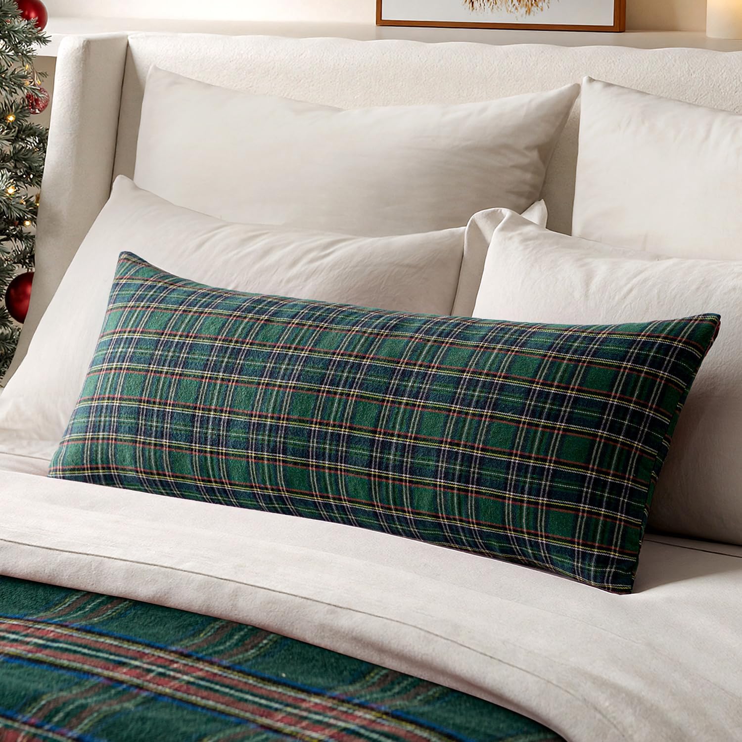 MIULEE Christmas Scottish Tartan Plaid Throw Pillow Cover Long Body Lumbar Decorative Outdoor Pillow Cover 14x36 Inch for Bed Couch Sofa Pack of 1 Farmhouse Classic Pillowcase Home Decor,Green 36" x 14" (Pack of 1) Green 1