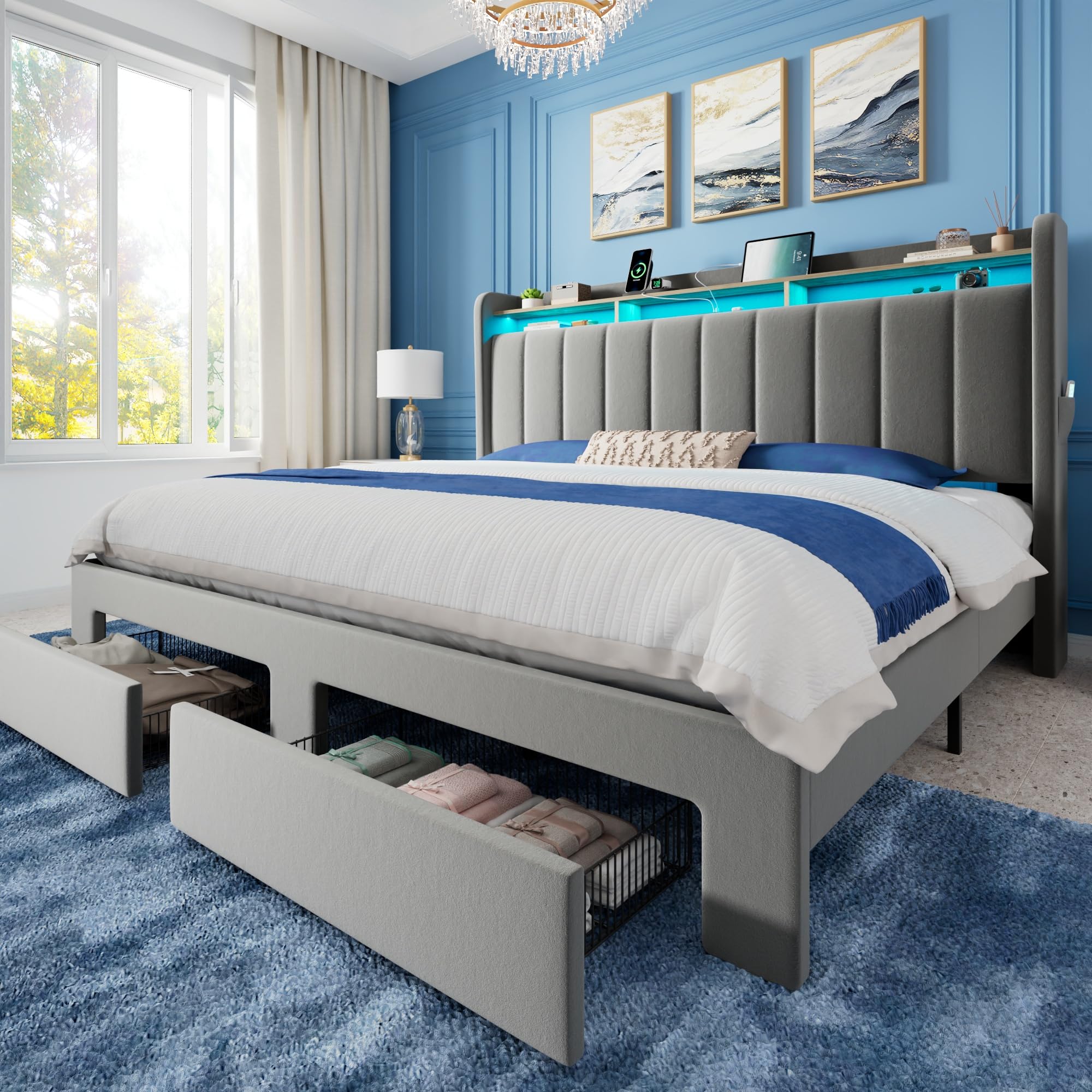 Allewie Velvet Vertical Tufted King Size Upholstered Platform Bed Frame with 2-Tier LED Storage Headboard & 2 Storage Drawers, USB & Type-C Charging