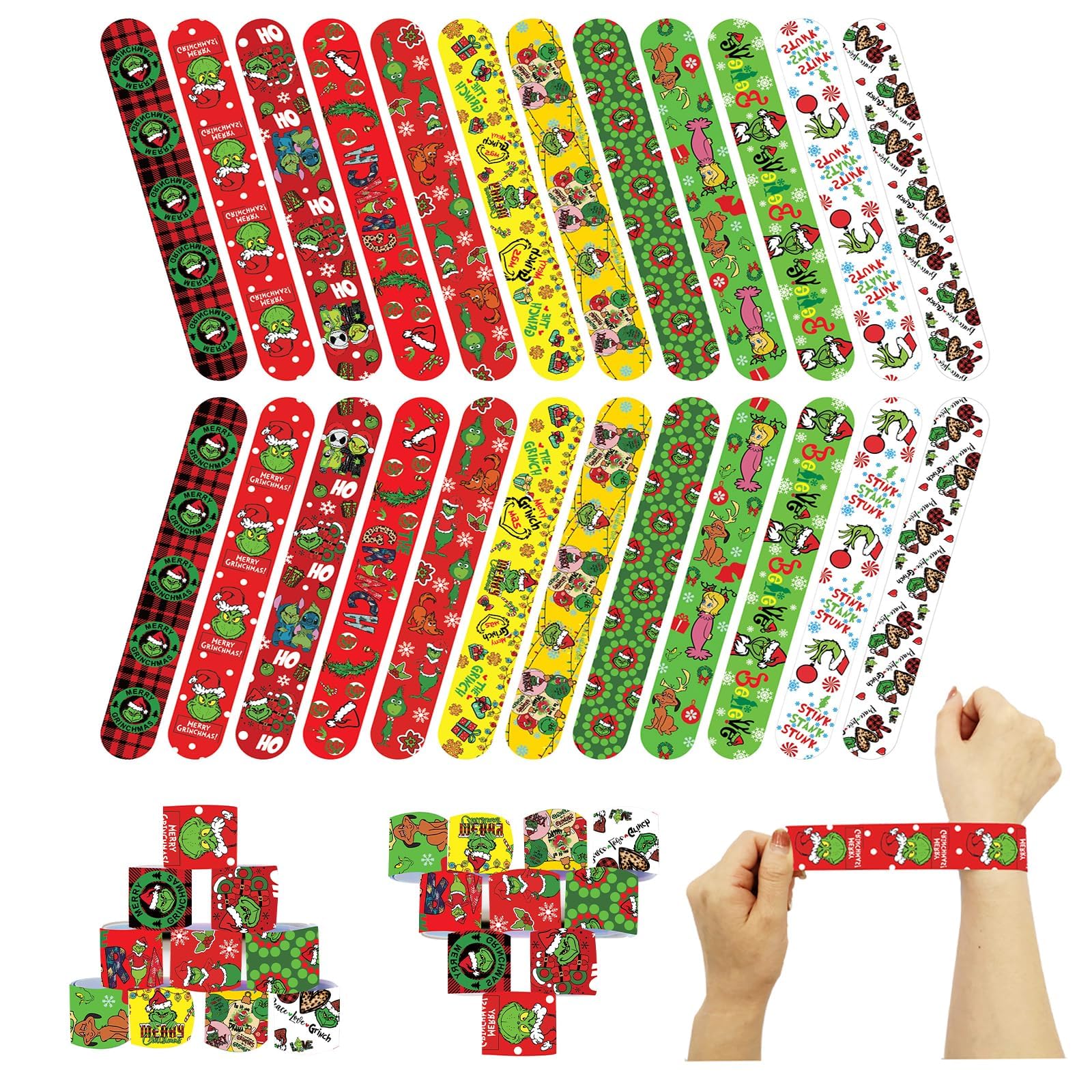 POPOYU 24Pcs Christmas Party Bags Fillers Kids Slap Bands, The Grinch Slap Bracelets Wristband Party Favours for Girls Boys Birthday Classroom Gifts