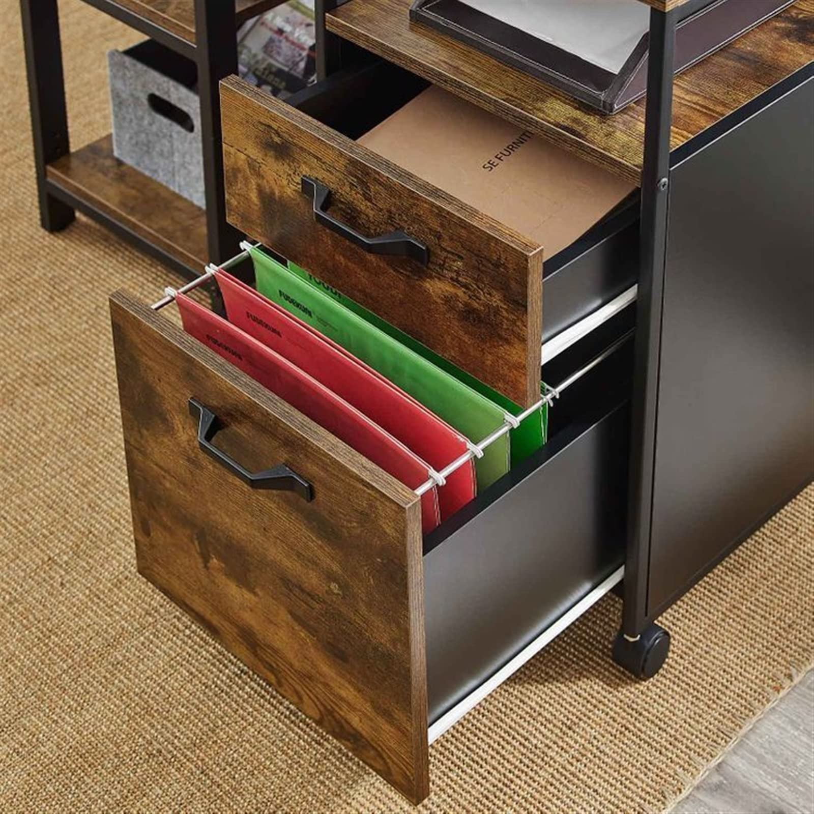 Schedario Mobile archivio su Ruote in Stile Industriale con 2 cassetti Ripiano Aperto for cartelle sospese Formato A4 Letter Gabinetto dell'ufficio