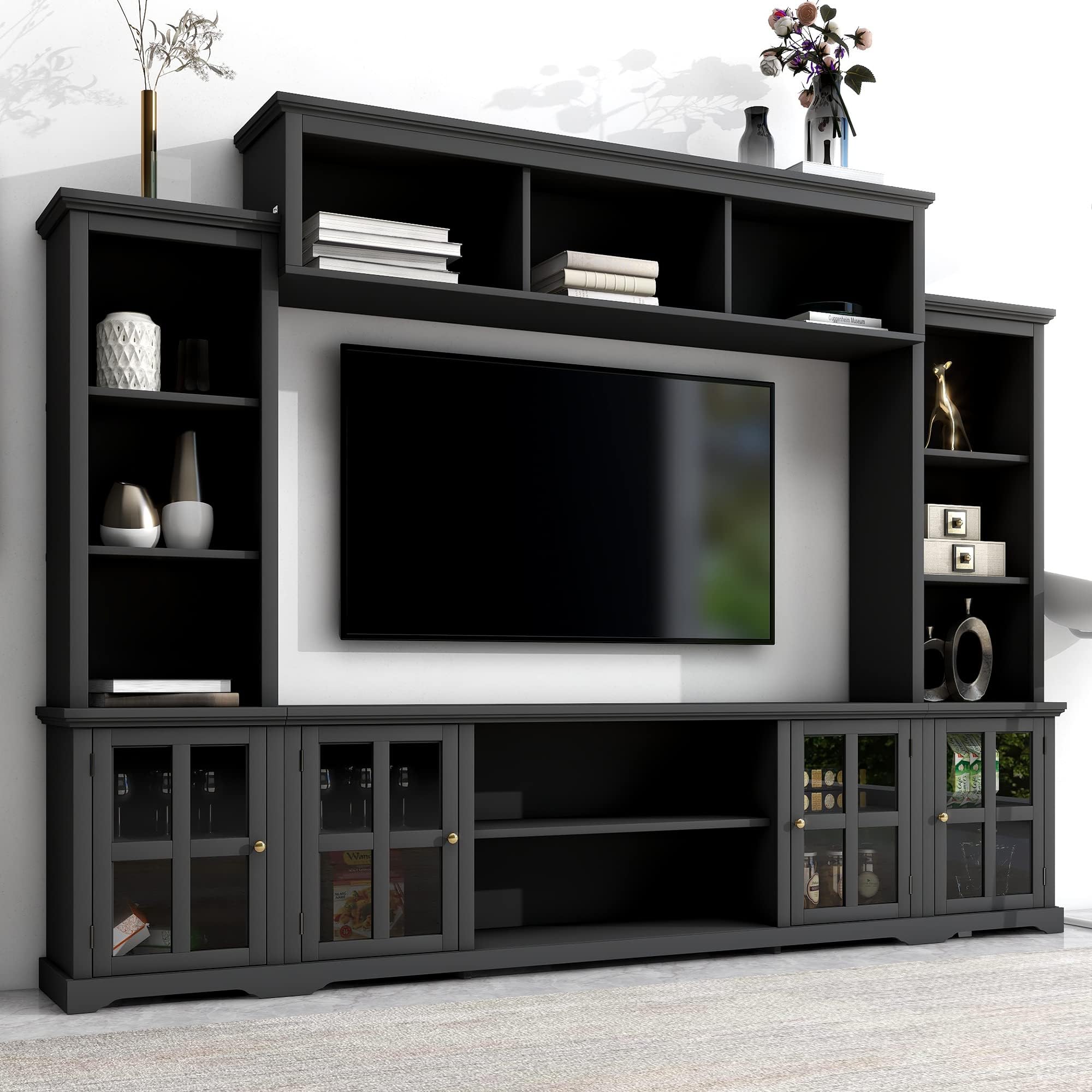 Harper & Bright Designs Modern TV Console Table for TVs Up to 70'', Minimalism Style Entertainment Wall Unit with Bridge, Multifunctional TV Stand with Tempered Glass Door, Black